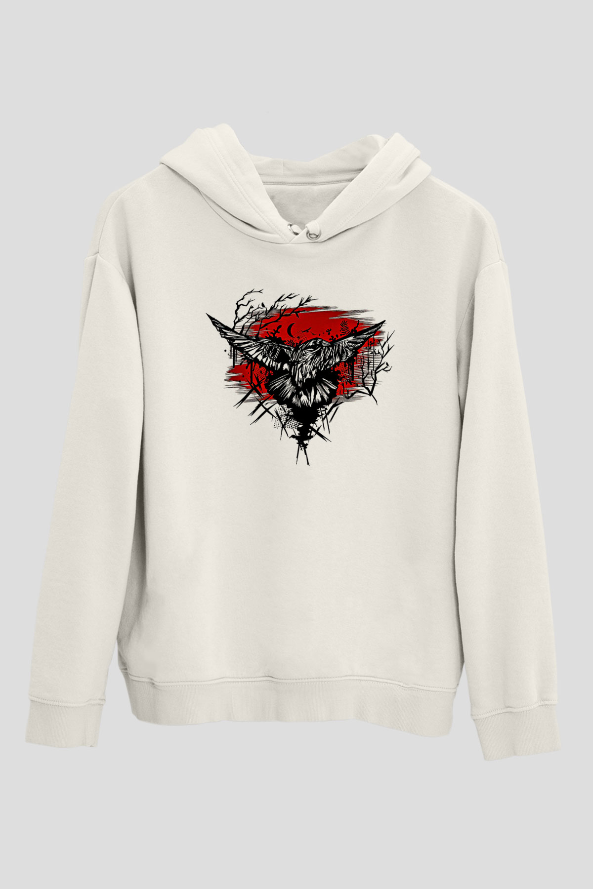 Karga Baskılı Beyaz Unisex Hoodie