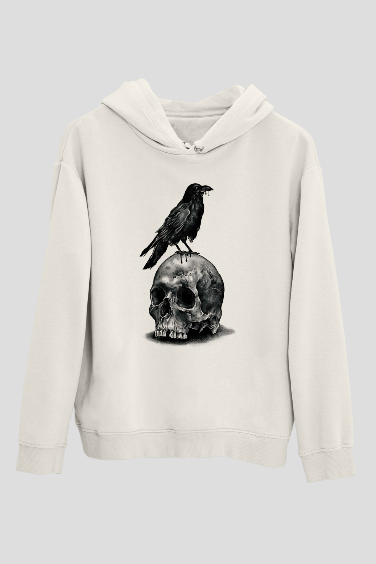 Karga Baskılı Beyaz Unisex Hoodie