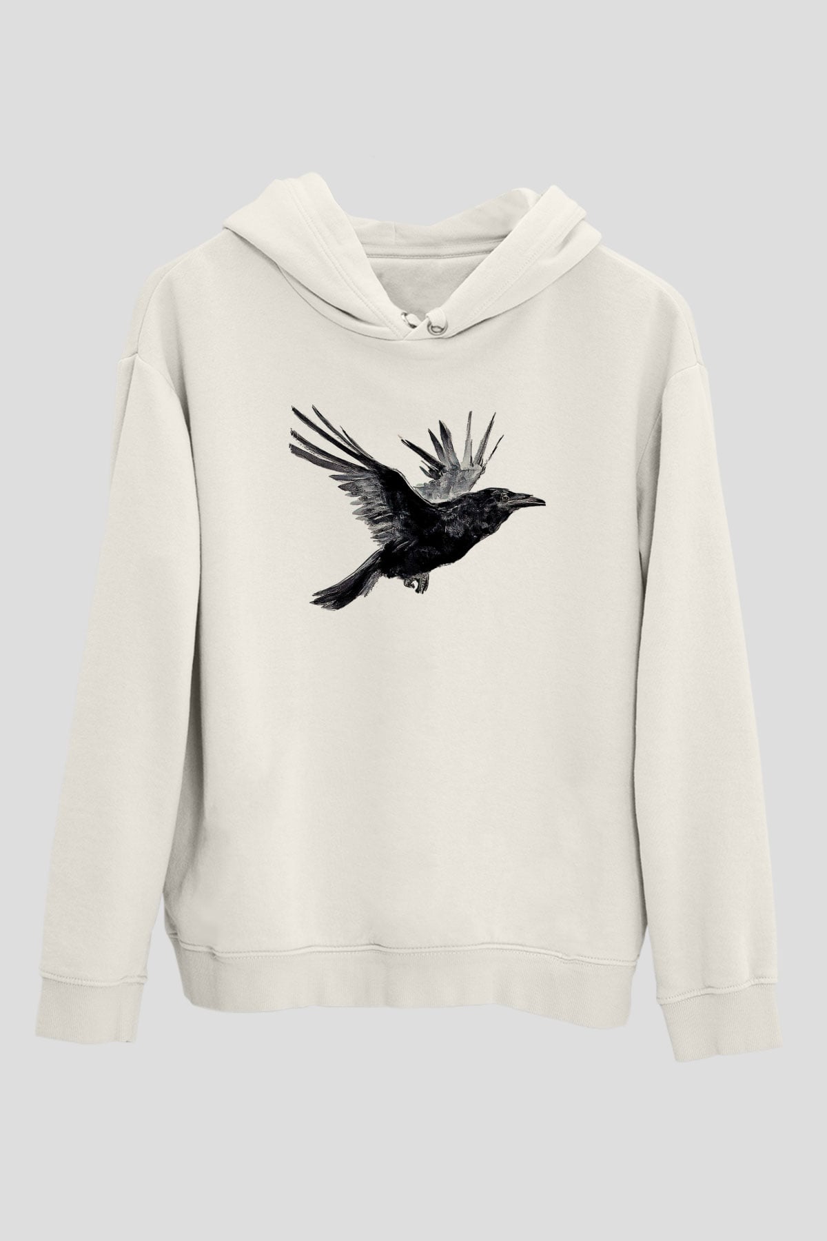 Karga Baskılı Beyaz Unisex Hoodie