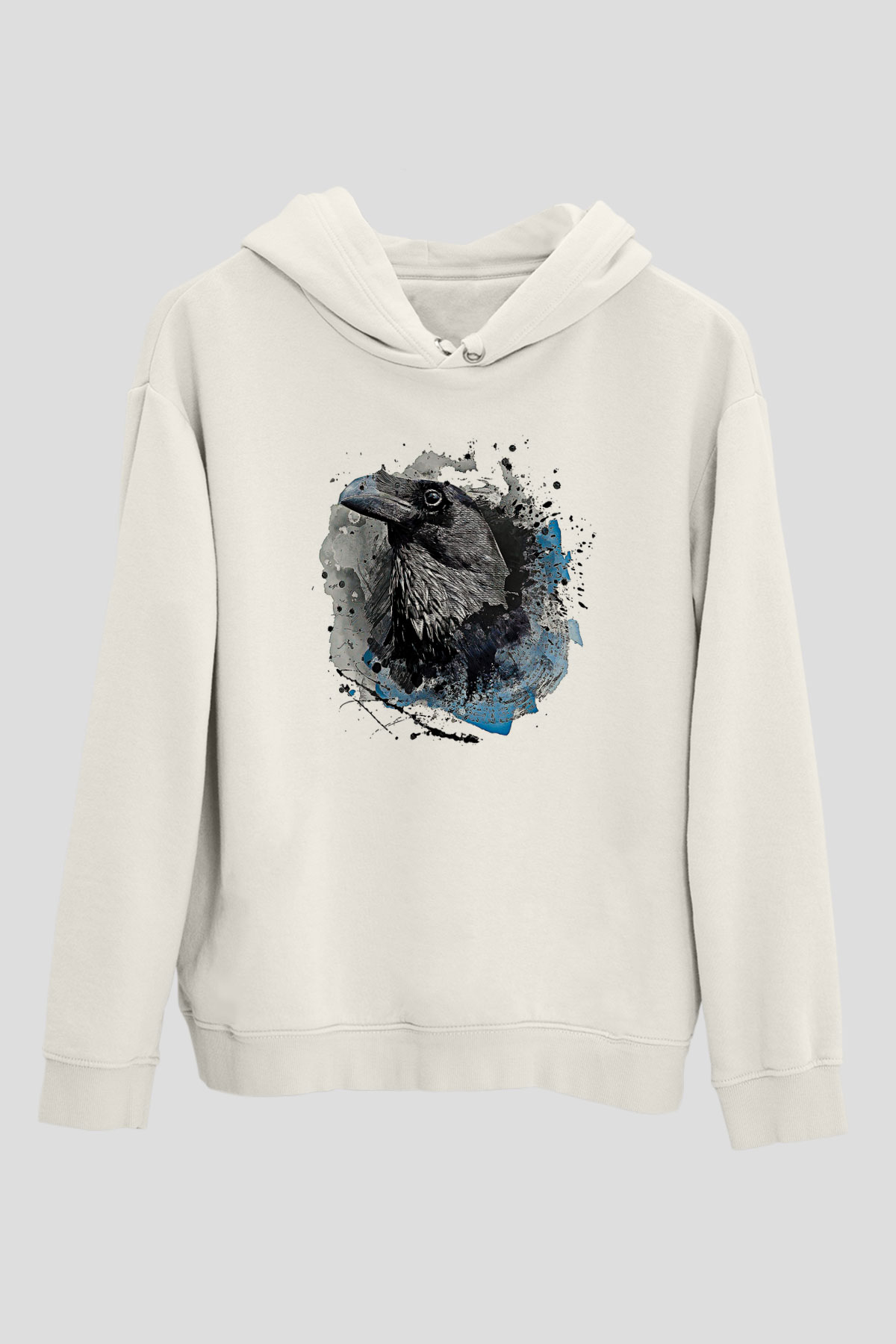 Karga Baskılı Beyaz Unisex Hoodie