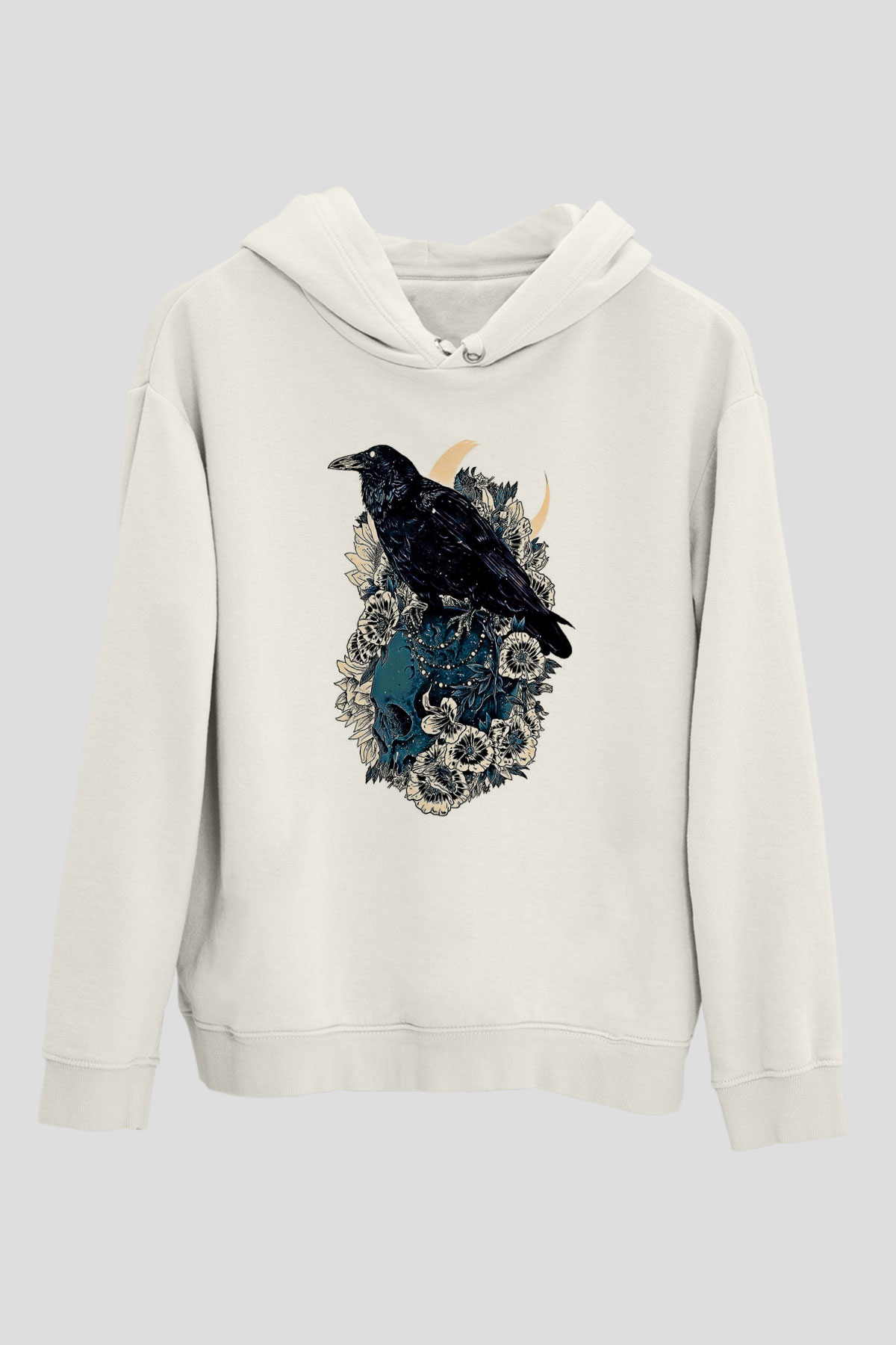 Karga Baskılı Beyaz Unisex Hoodie