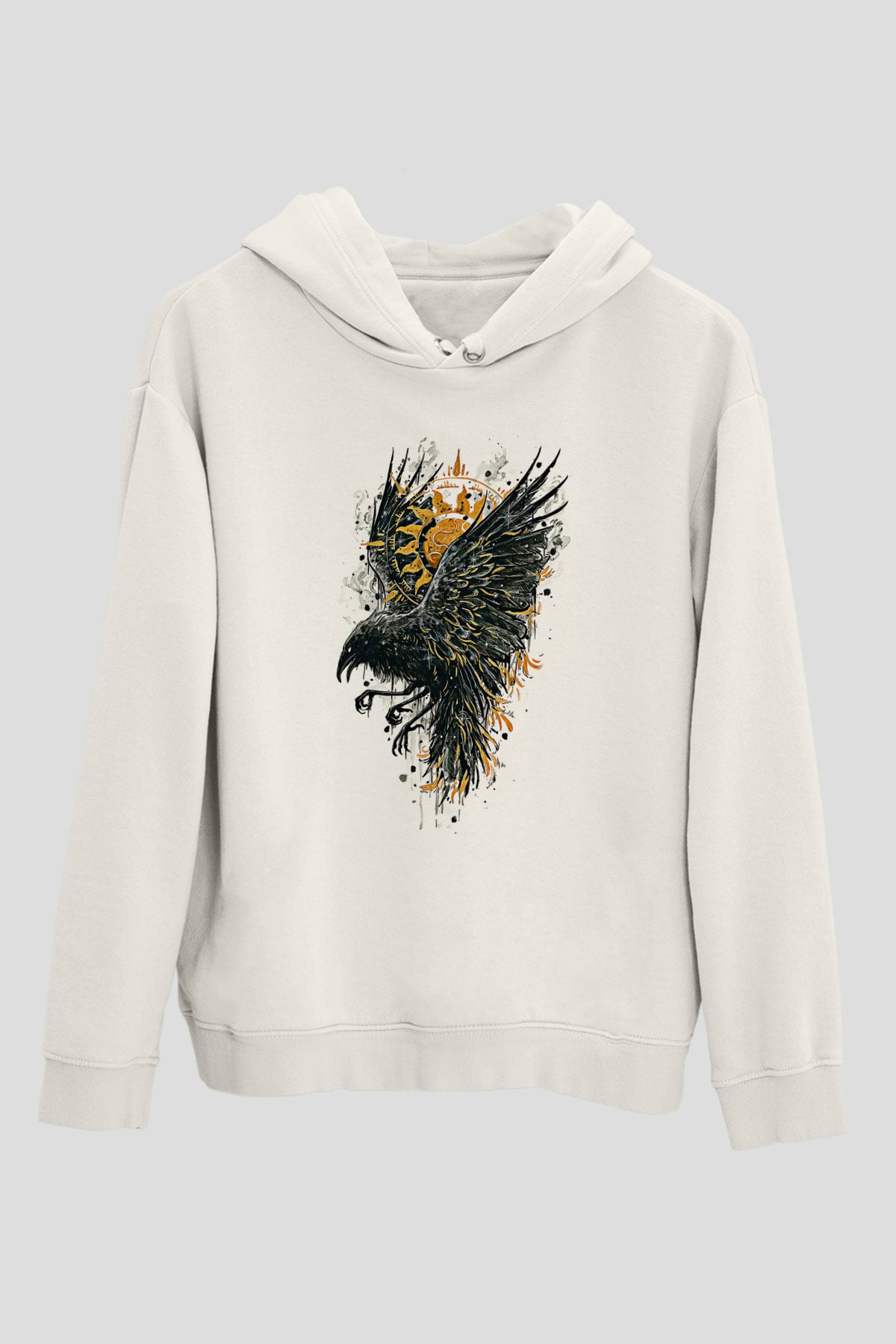 Karga Baskılı Beyaz Unisex Hoodie