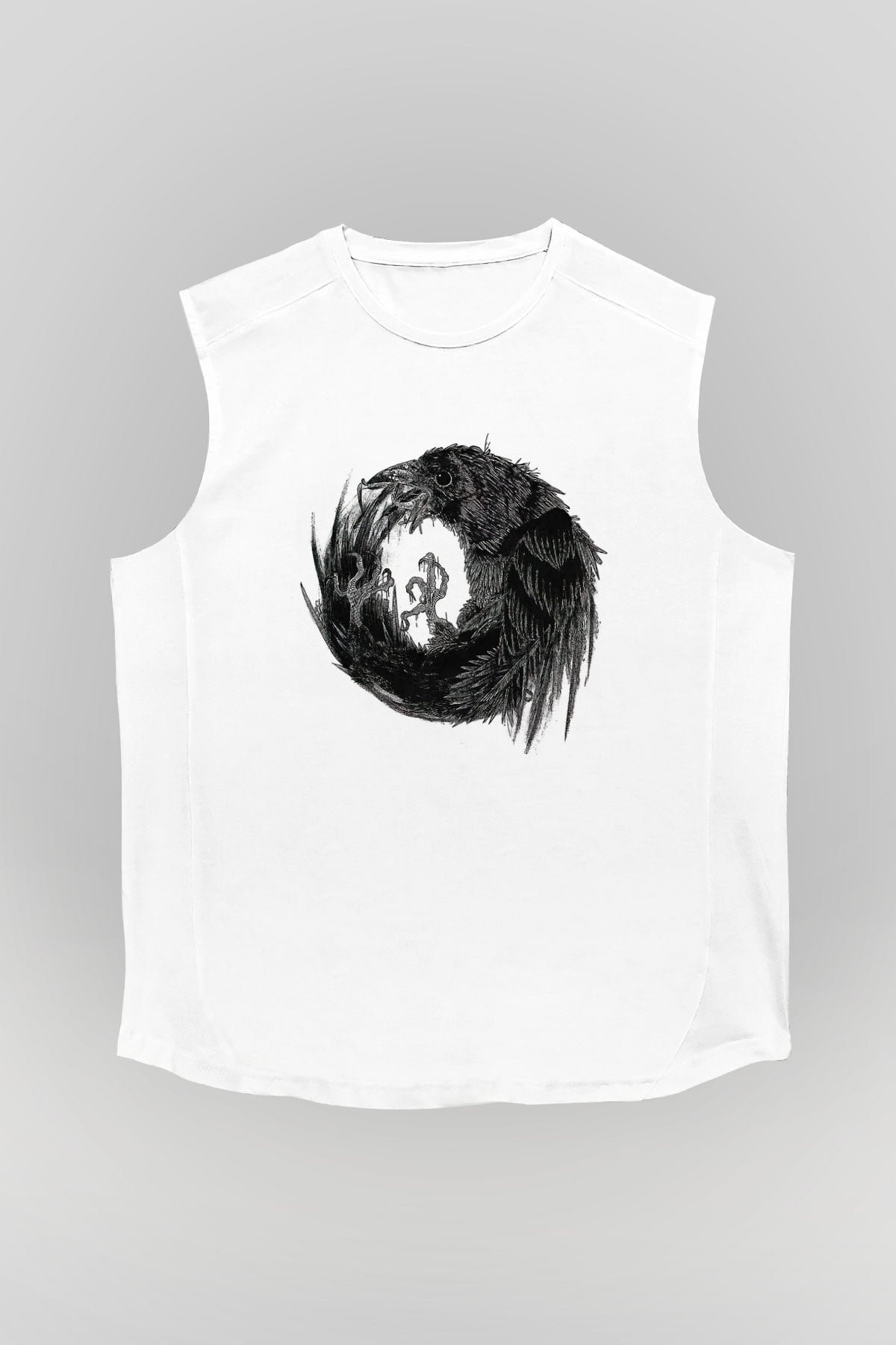 Karga Baskılı Beyaz Unisex Kolsuz Tişört - Tshirt