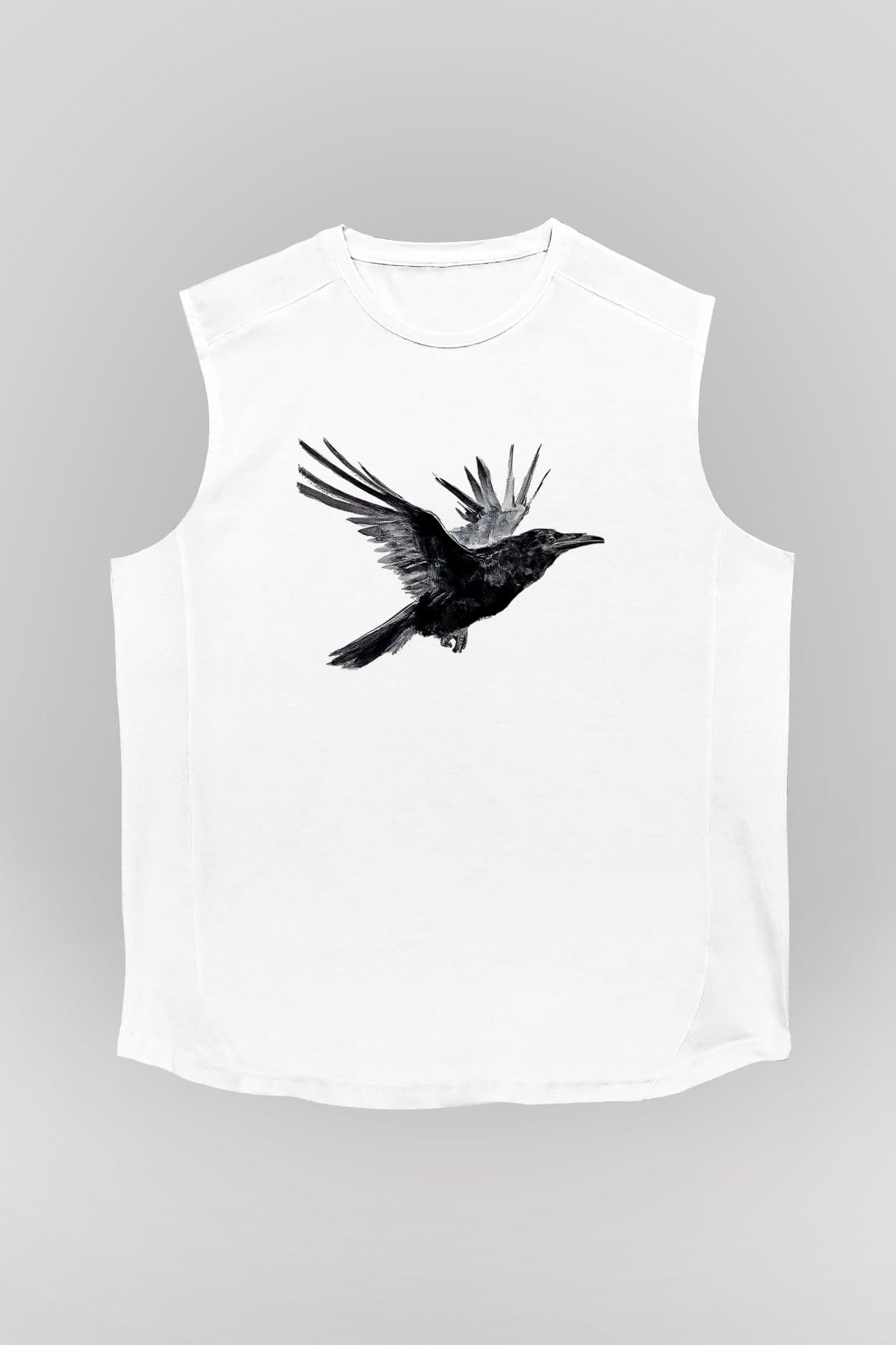 Karga Baskılı Beyaz Unisex Kolsuz Tişört - Tshirt