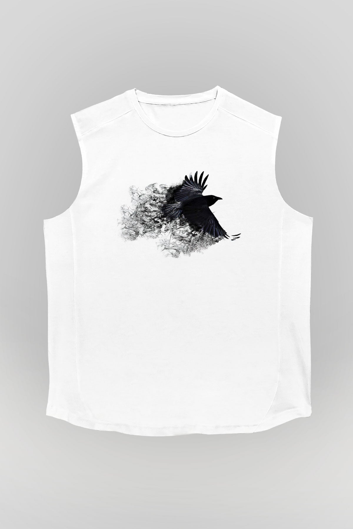 Karga Baskılı Beyaz Unisex Kolsuz Tişört - Tshirt
