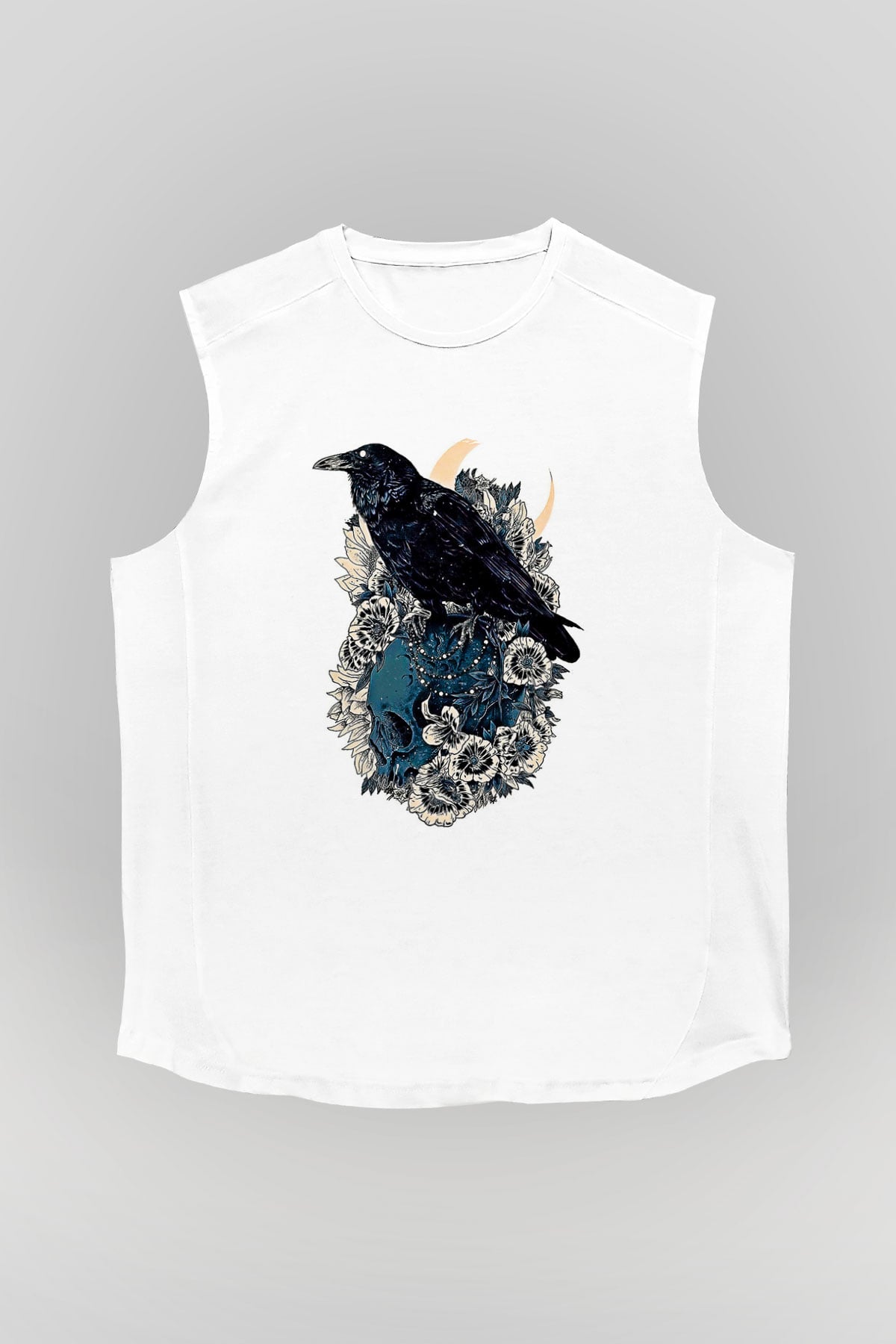 Karga Baskılı Beyaz Unisex Kolsuz Tişört - Tshirt