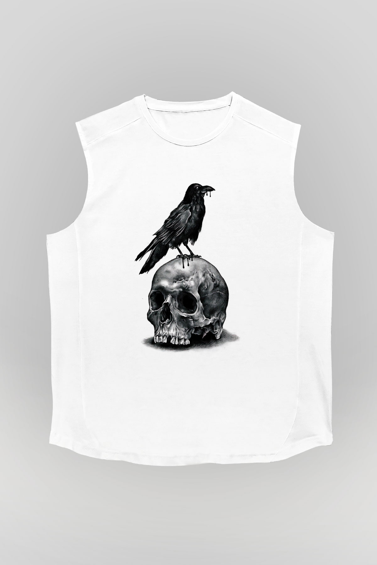 Karga Baskılı Beyaz Unisex Kolsuz Tişört - Tshirt