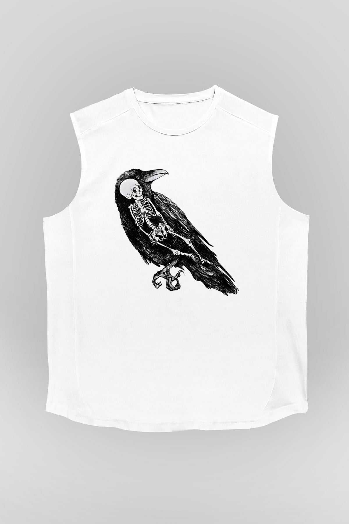 Karga Baskılı Beyaz Unisex Kolsuz Tişört - Tshirt