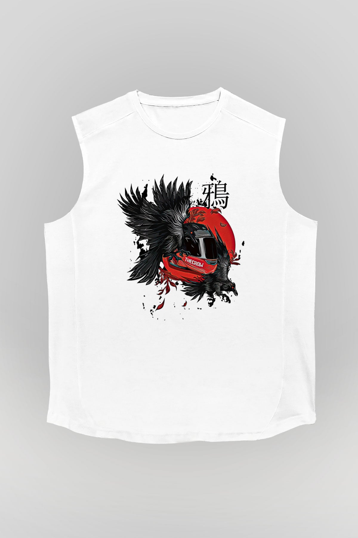 Karga Baskılı Beyaz Unisex Kolsuz Tişört - Tshirt