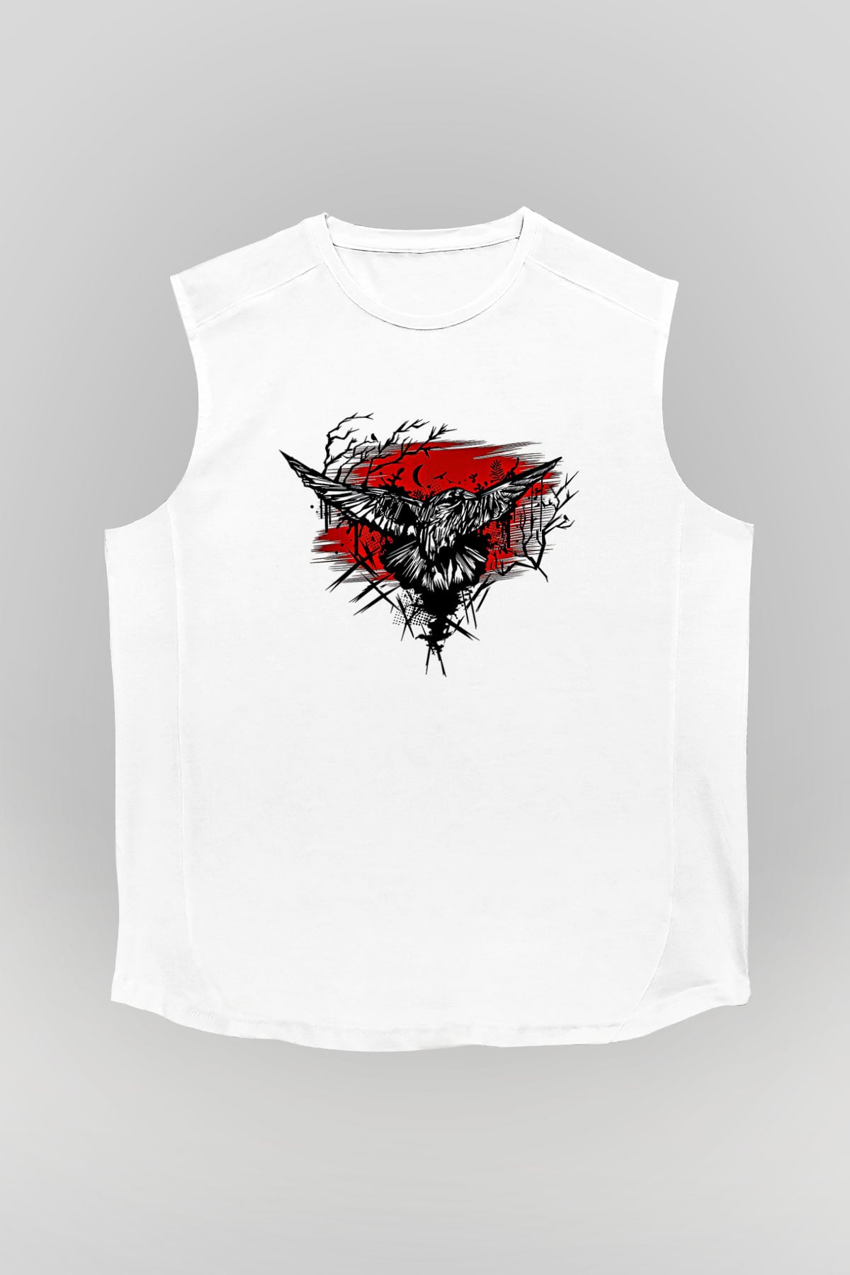 Karga Baskılı Beyaz Unisex Kolsuz Tişört - Tshirt
