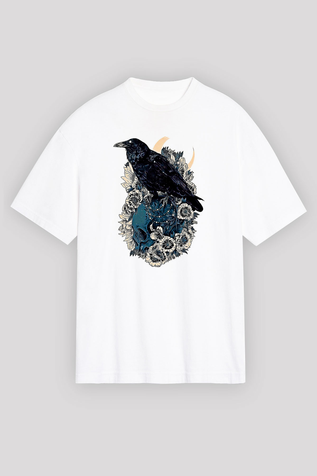 Karga Baskılı Beyaz Unisex Oversize Tişört - Tshirt