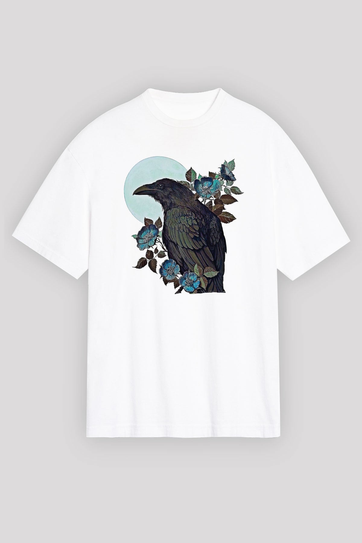 Karga Baskılı Beyaz Unisex Oversize Tişört - Tshirt