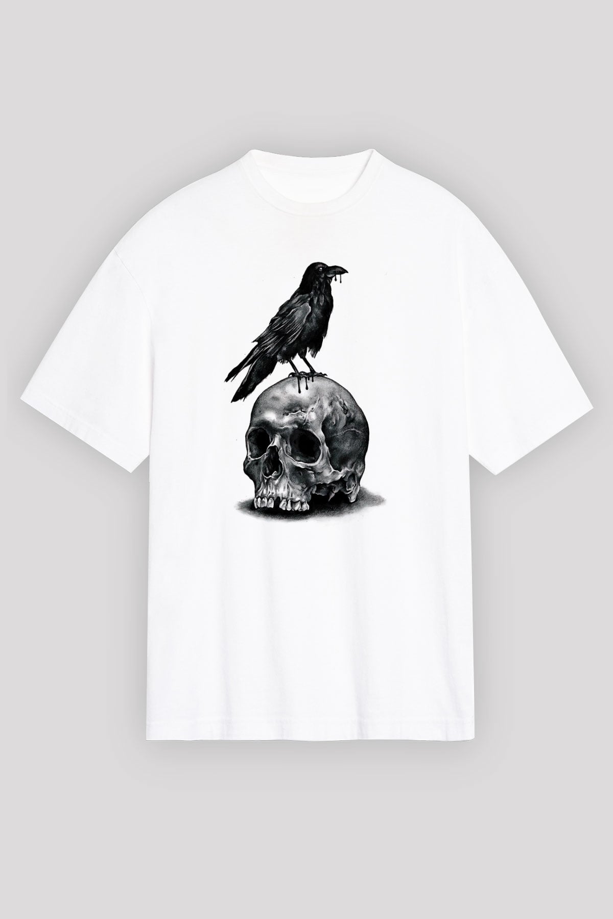 Karga Baskılı Beyaz Unisex Oversize Tişört - Tshirt