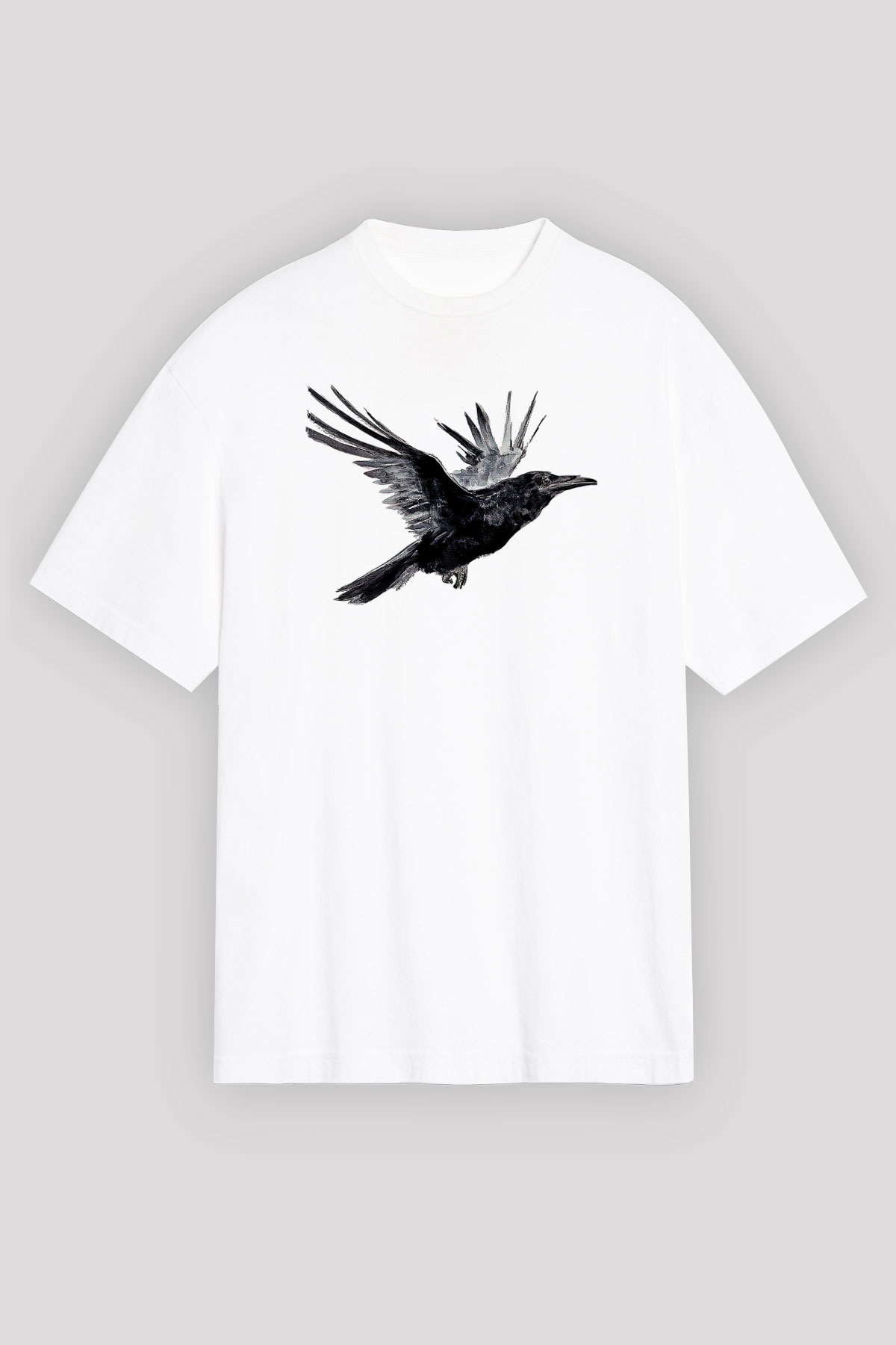 Karga Baskılı Beyaz Unisex Oversize Tişört - Tshirt