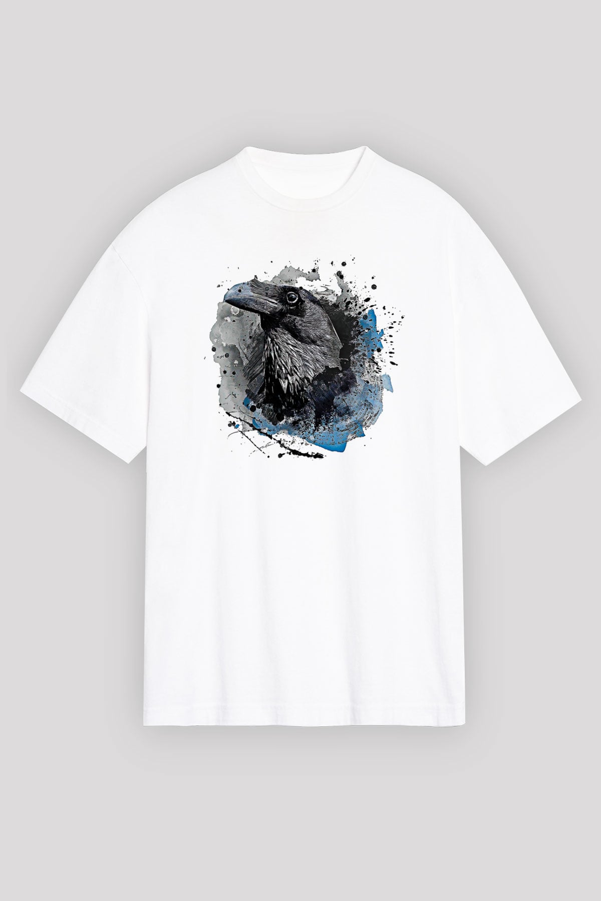 Karga Baskılı Beyaz Unisex Oversize Tişört - Tshirt