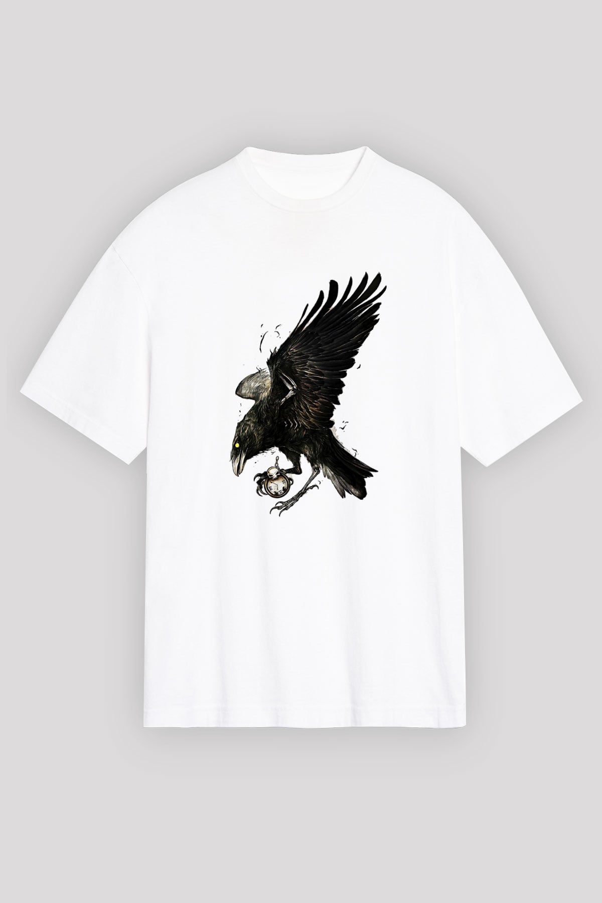 Karga Baskılı Beyaz Unisex Oversize Tişört - Tshirt