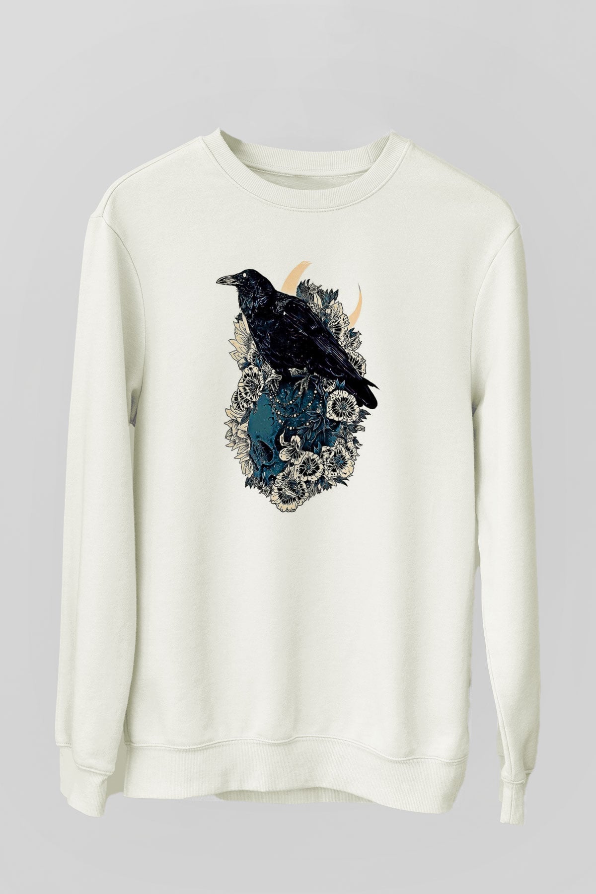 Karga Baskılı Beyaz Unisex Sweatshirt