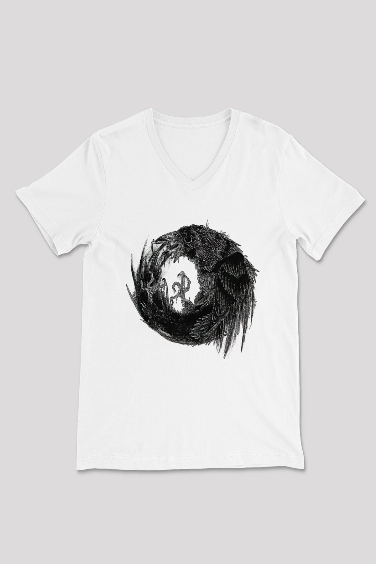 Karga Baskılı Beyaz Unisex V Yaka Tişört - Tshirt