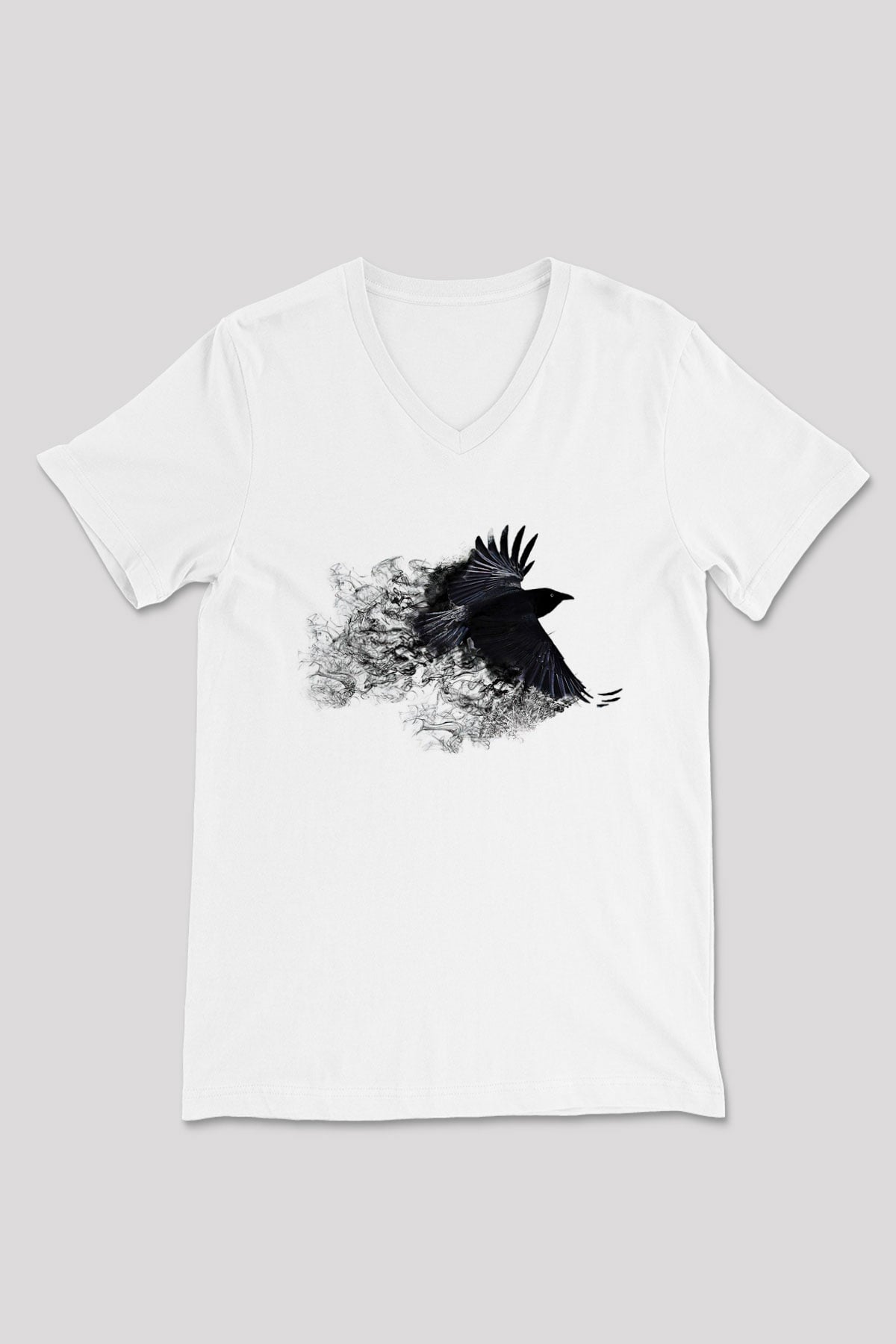 Karga Baskılı Beyaz Unisex V Yaka Tişört - Tshirt
