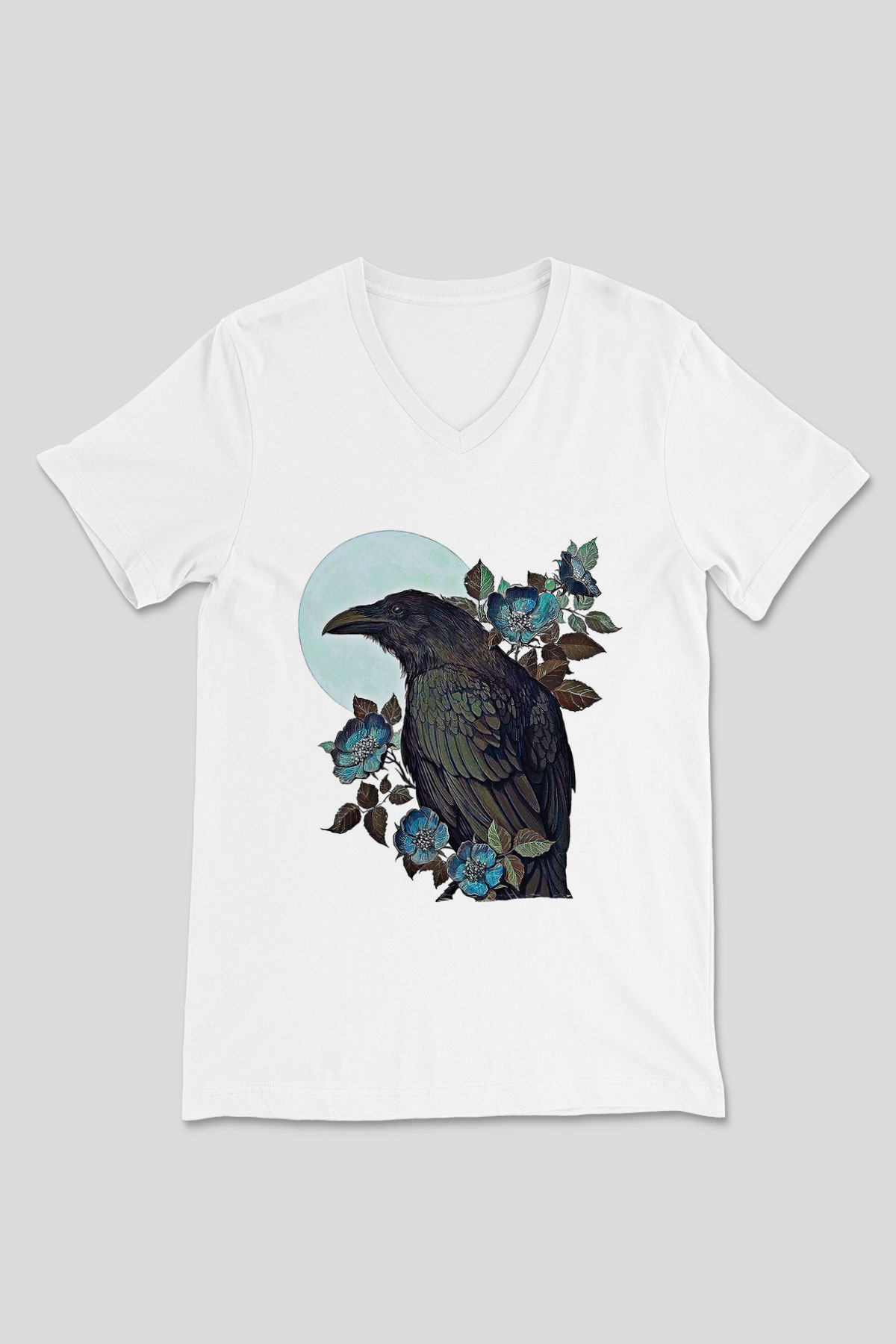 Karga Baskılı Beyaz Unisex V Yaka Tişört - Tshirt