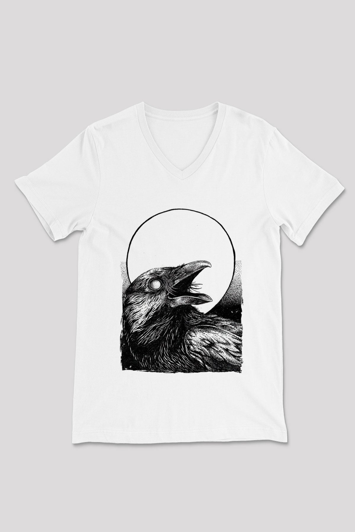 Karga Baskılı Beyaz Unisex V Yaka Tişört - Tshirt