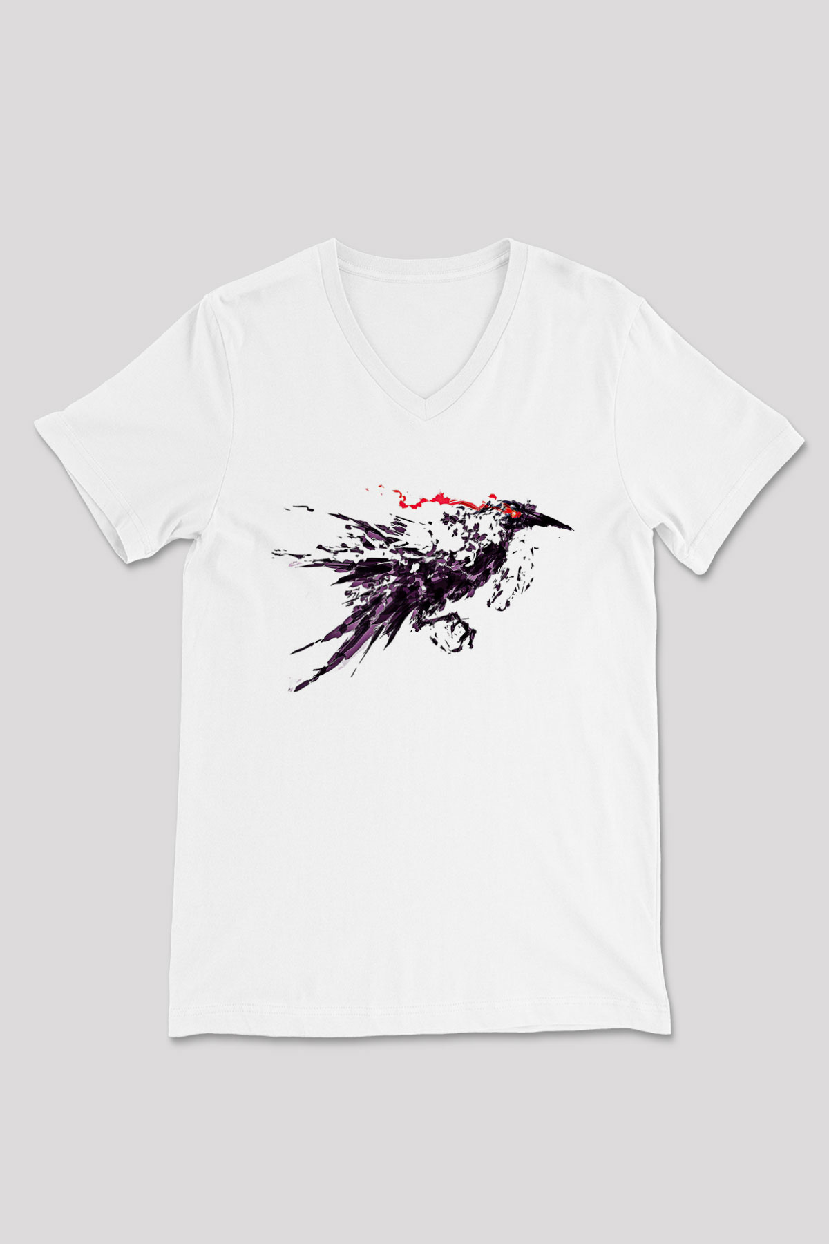 Karga Baskılı Beyaz Unisex V Yaka Tişört - Tshirt