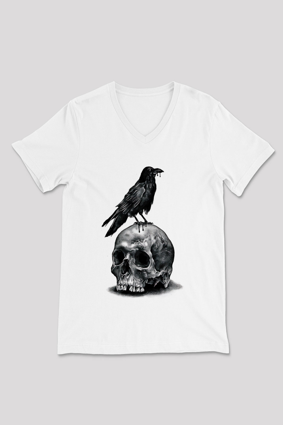 Karga Baskılı Beyaz Unisex V Yaka Tişört - Tshirt