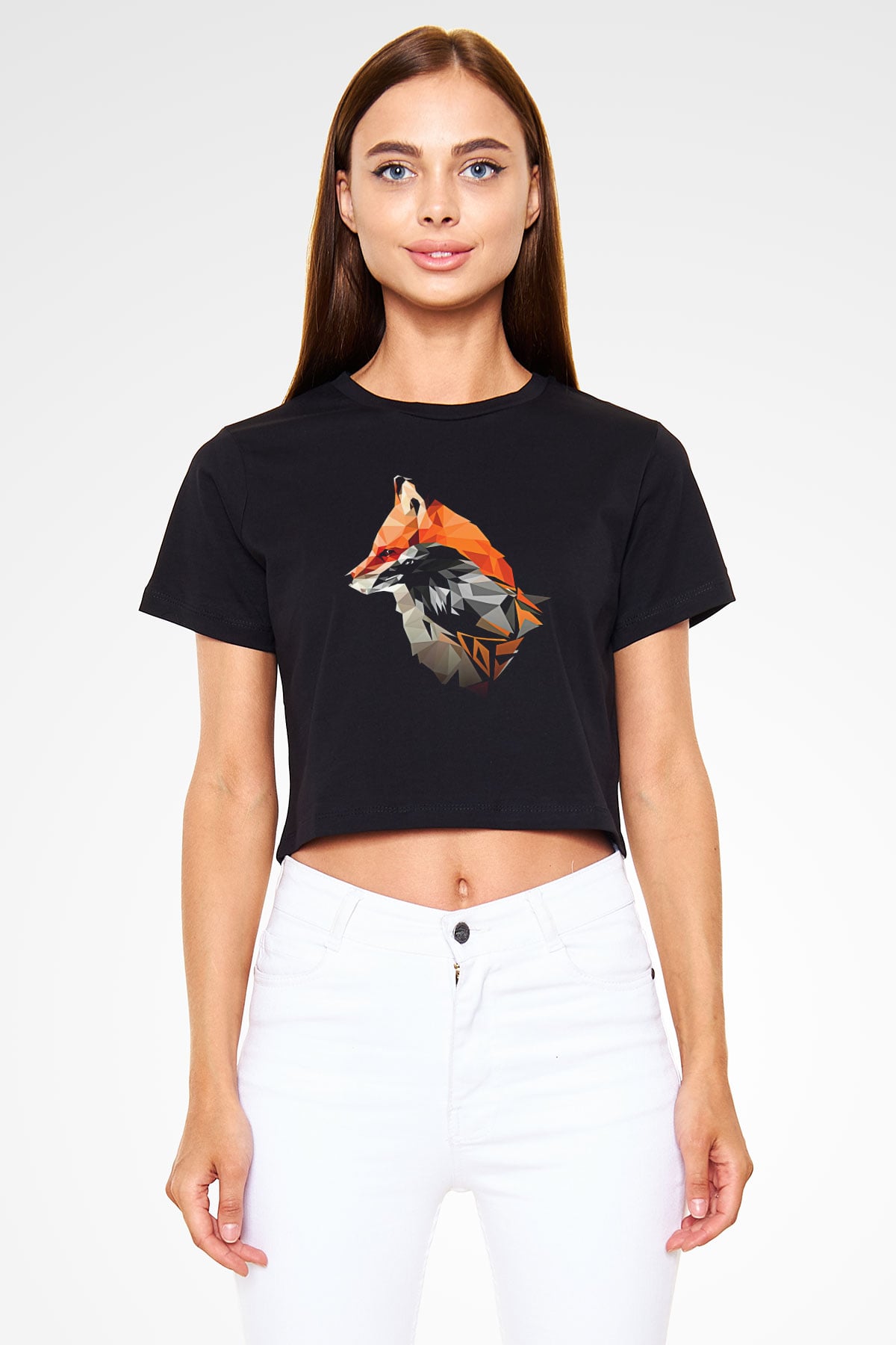 Karga Baskılı Siyah Crop Top Kadın Tişört - Tshirt