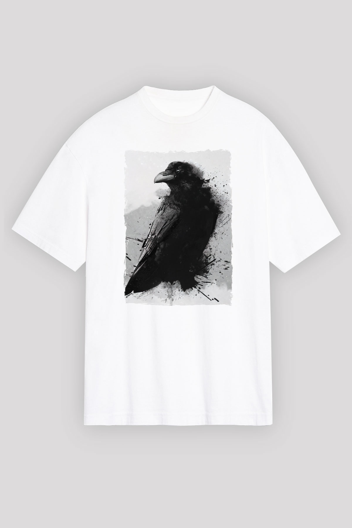 Karga Baskılı Unisex Beyaz Tişört