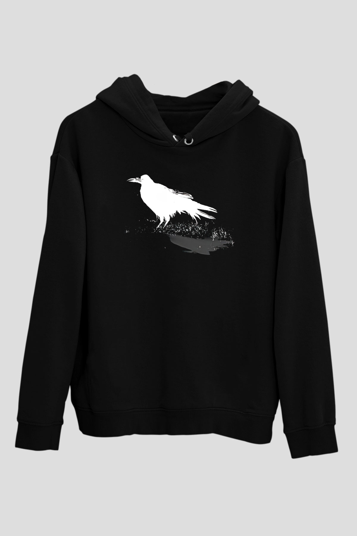 Karga Baskılı Unisex Siyah Hoodie