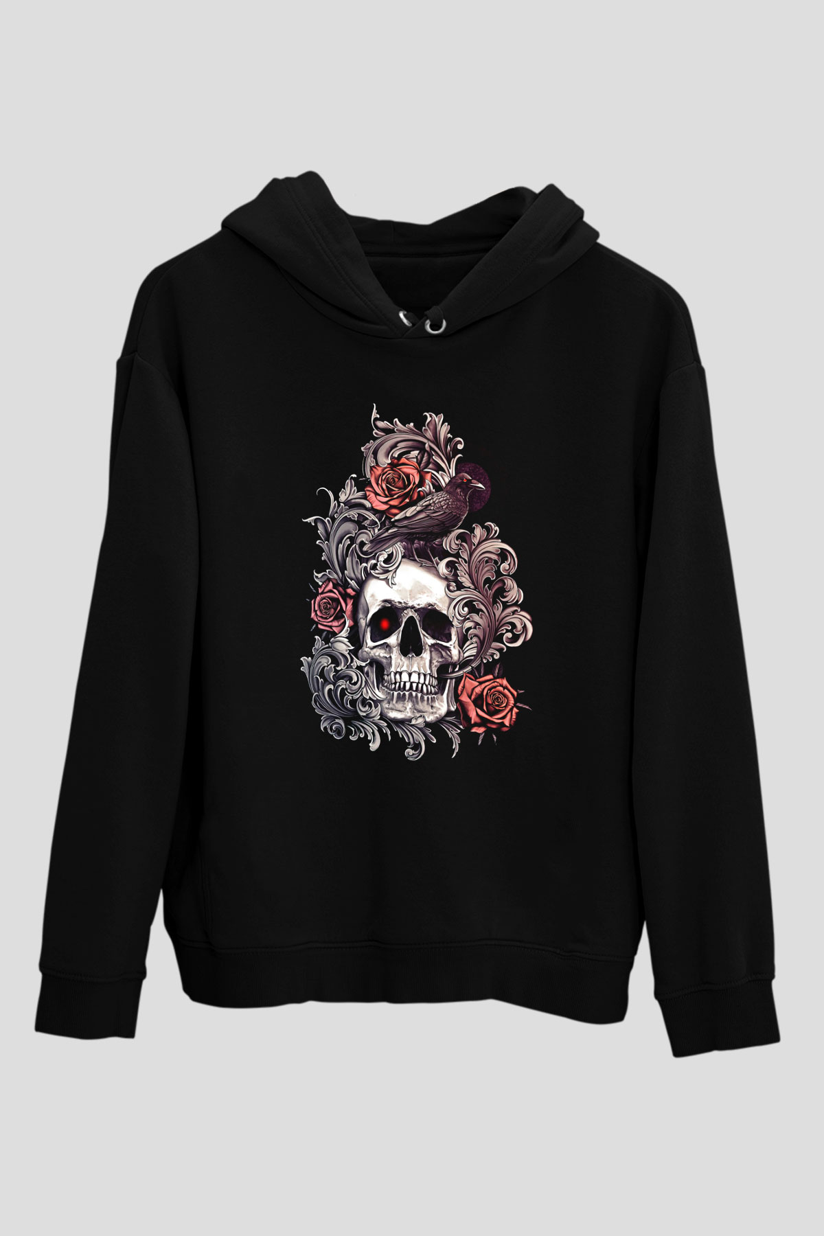 Karga Baskılı Unisex Siyah Hoodie