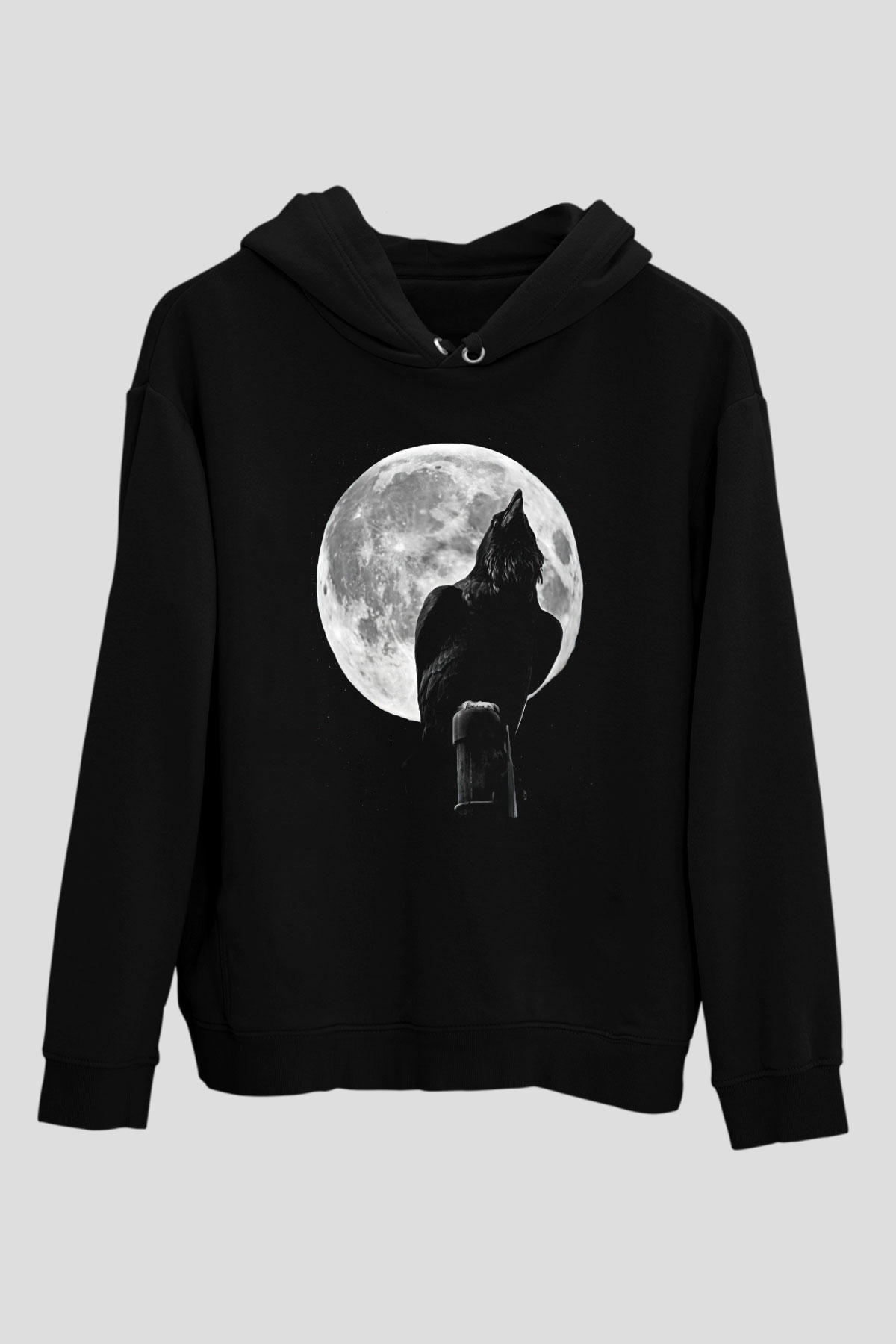 Karga Baskılı Unisex Siyah Hoodie