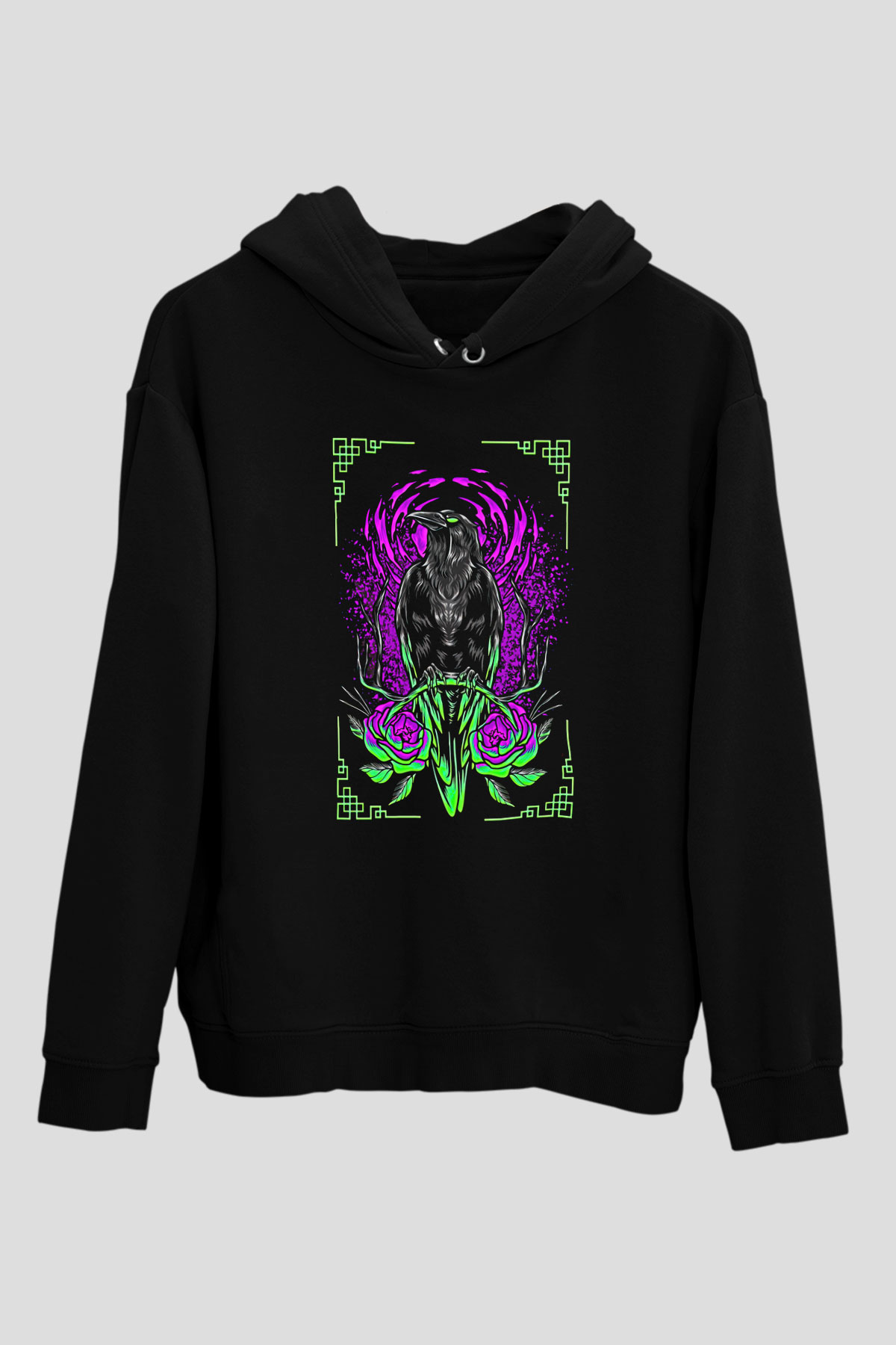 Karga Baskılı Unisex Siyah Hoodie