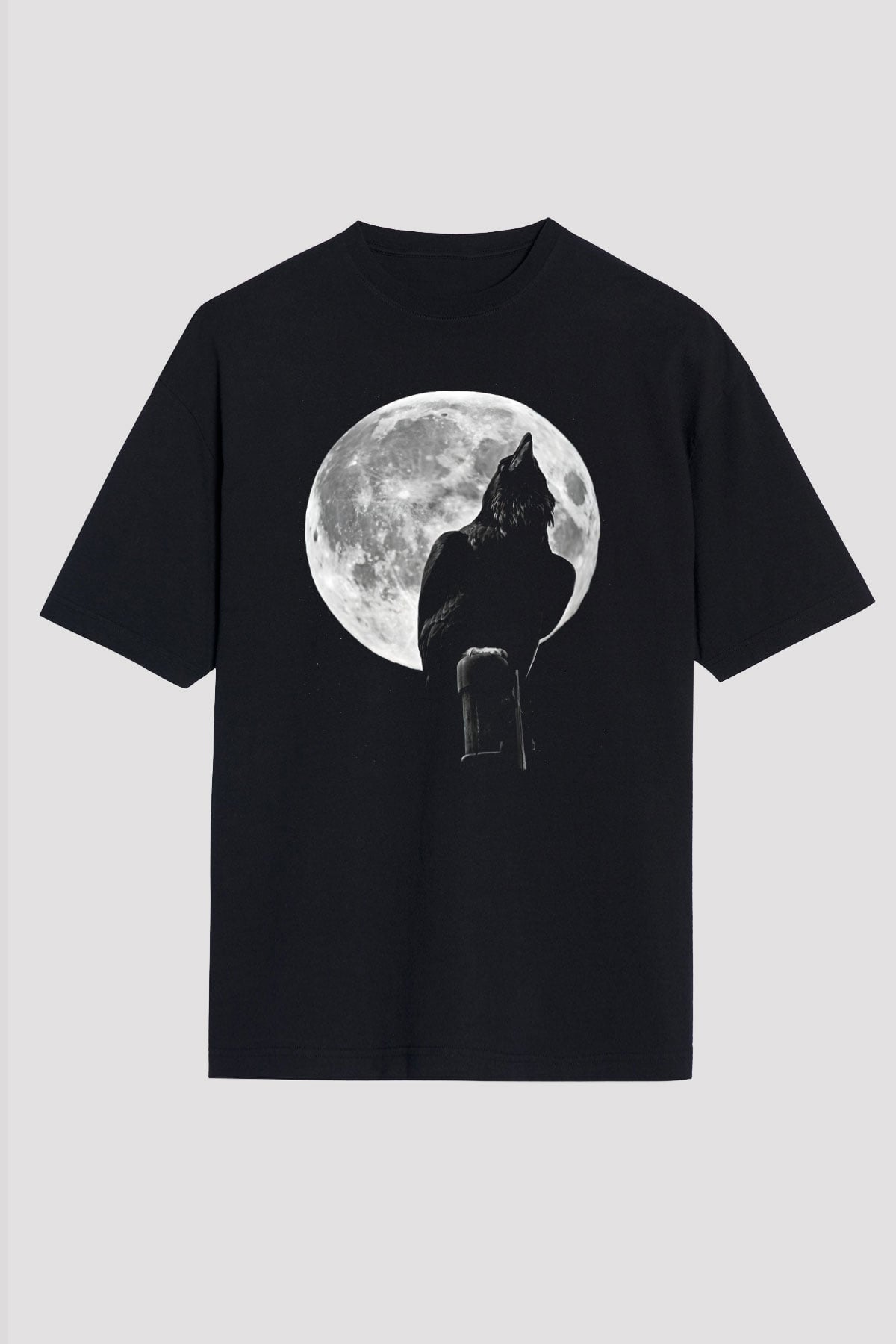 Karga Baskılı Unisex Siyah Oversize Tişört - Tshirt