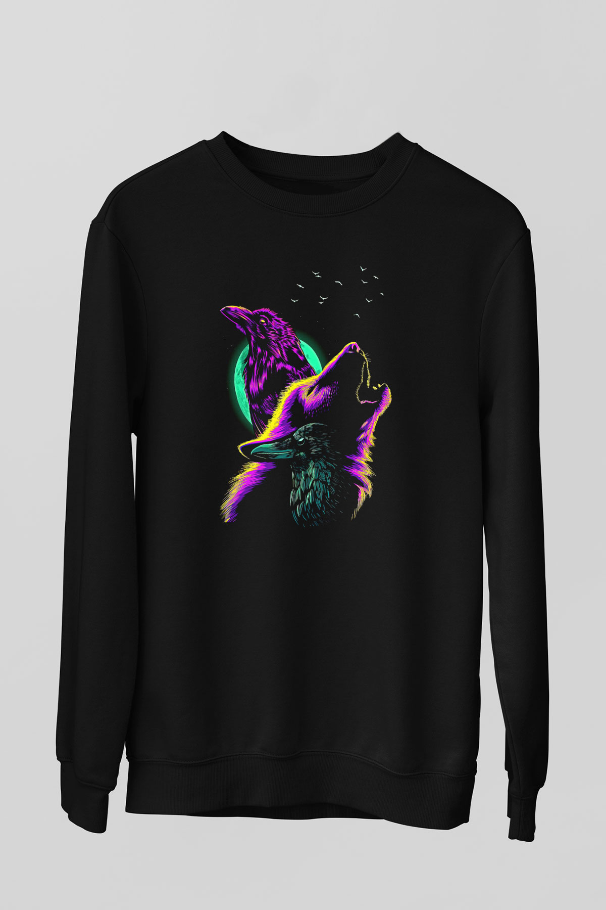Karga Baskılı Unisex Siyah Sweatshirt