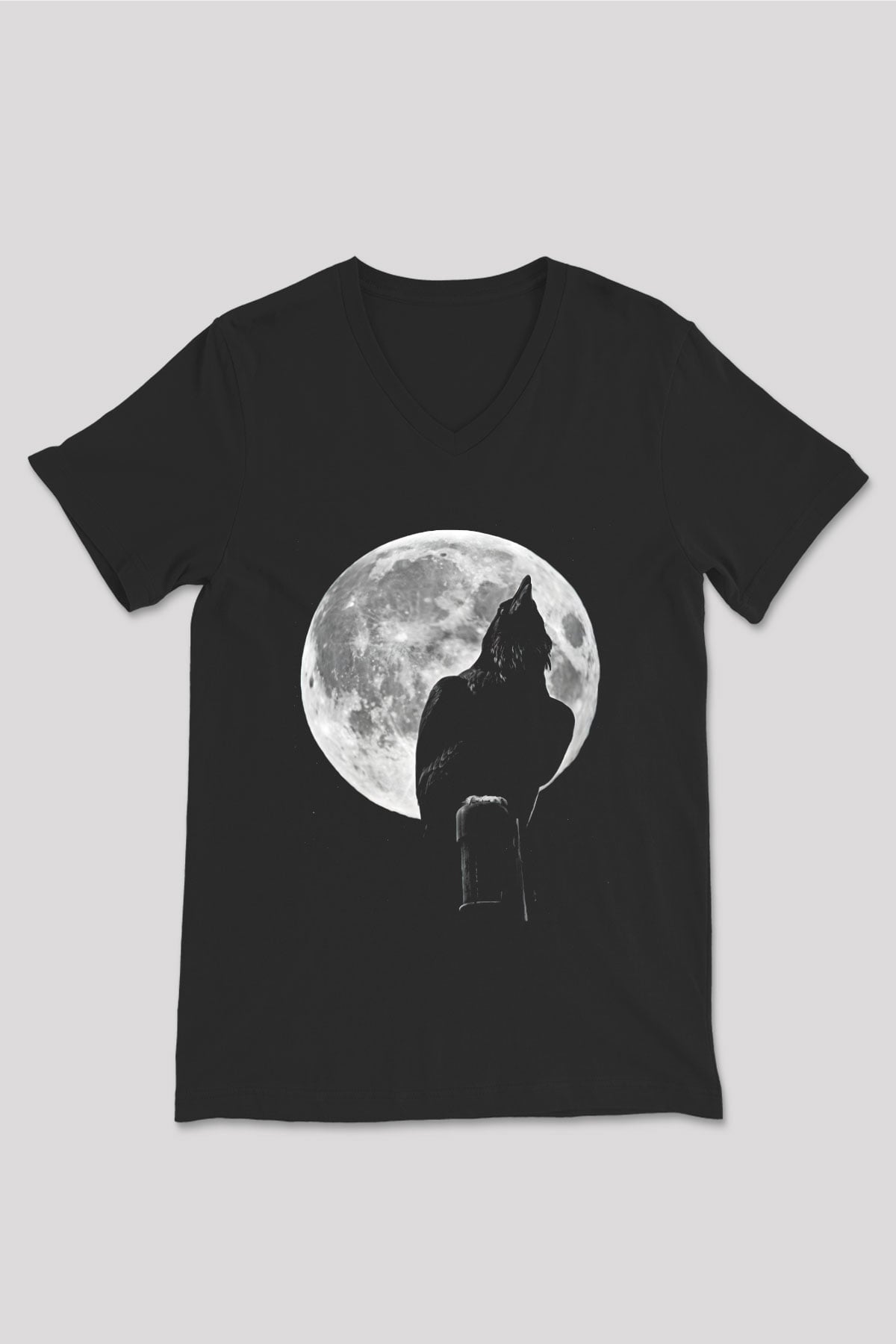 Karga Baskılı Unisex Siyah V Yaka Tişört - Tshirt