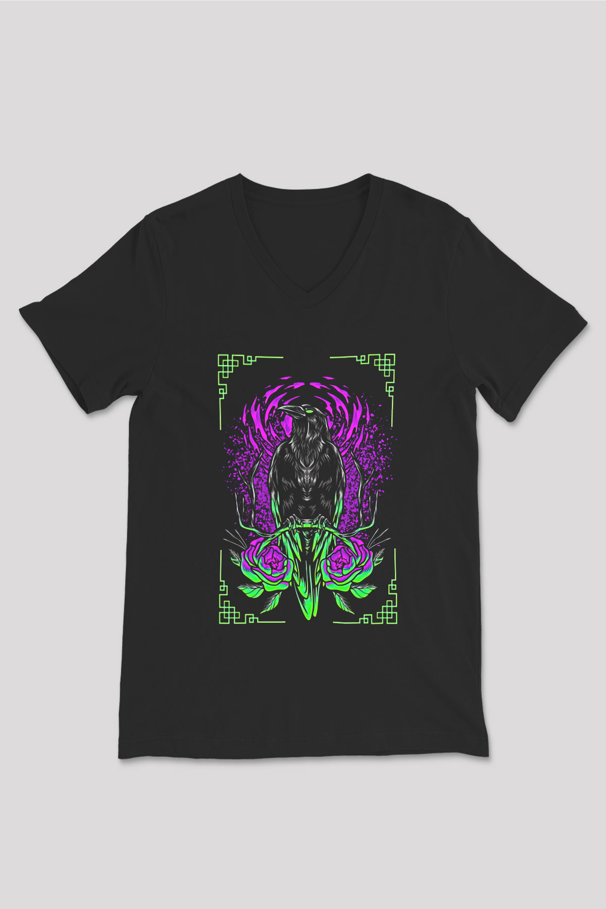 Karga Baskılı Unisex Siyah V Yaka Tişört - Tshirt
