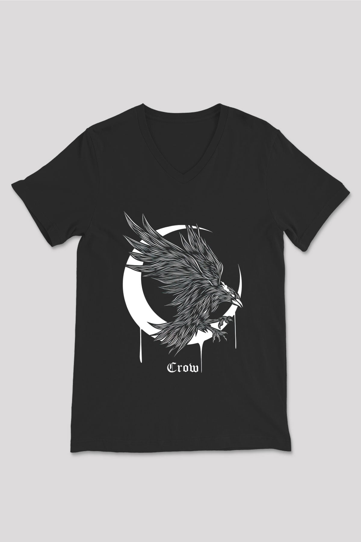 Karga Baskılı Unisex Siyah V Yaka Tişört - Tshirt