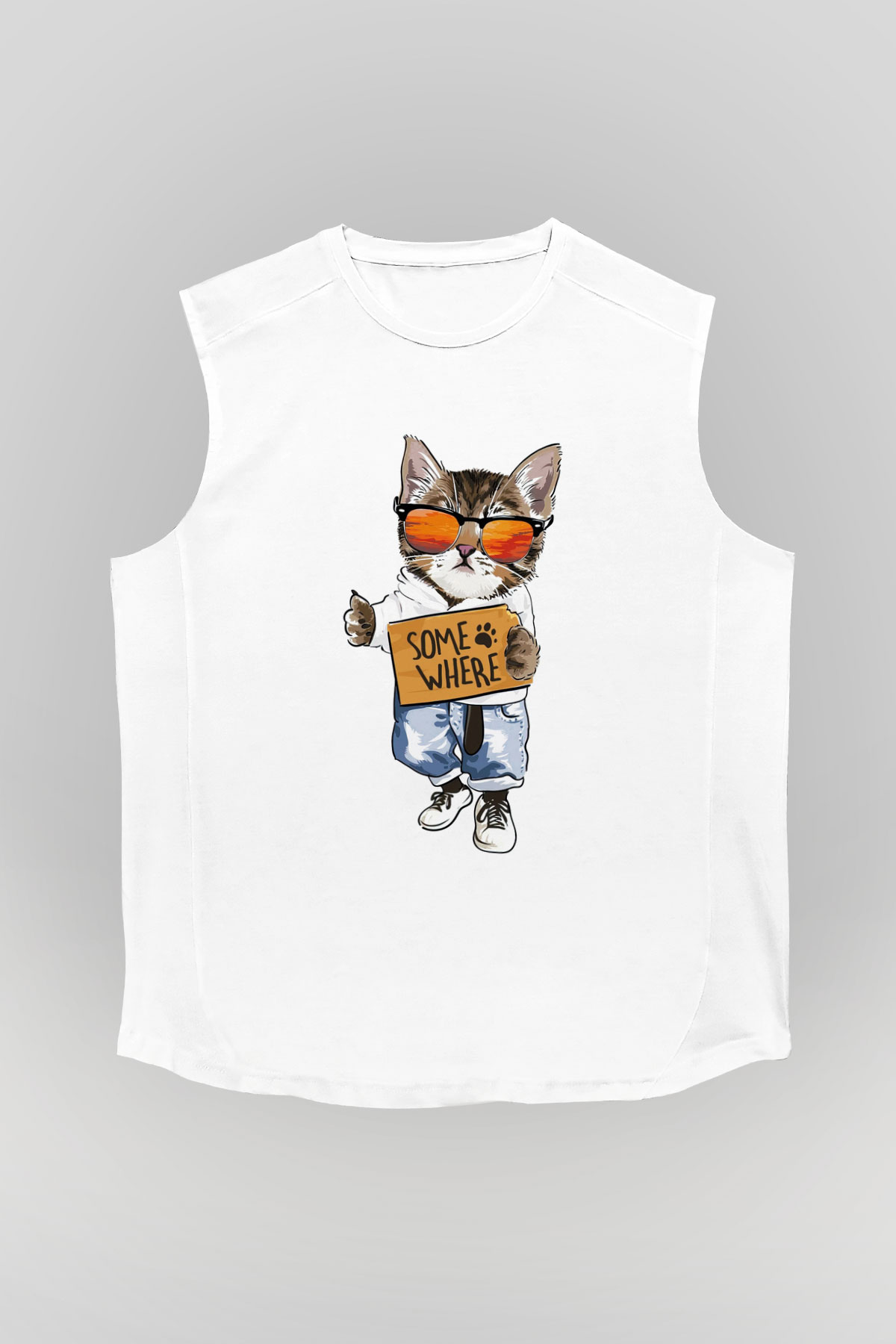 Karizmatik Kedi Baskılı Unisex Beyaz  Kolsuz Tişört