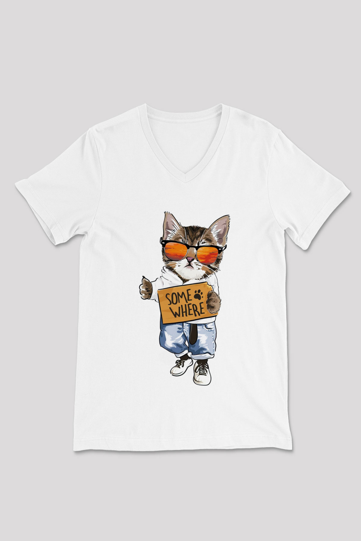 Karizmatik Kedi Baskılı Unisex Beyaz  V Yaka Tişört