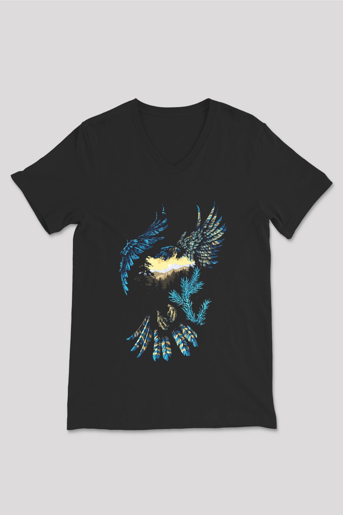 Kartal Siyah Unisex V Yaka Tişört T-Shirt