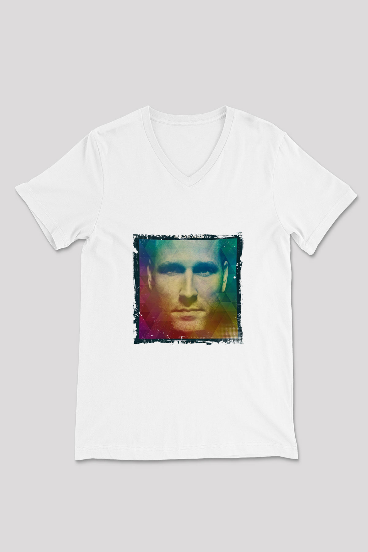 Kaskade Baskılı Beyaz V Yaka Unisex Tişört