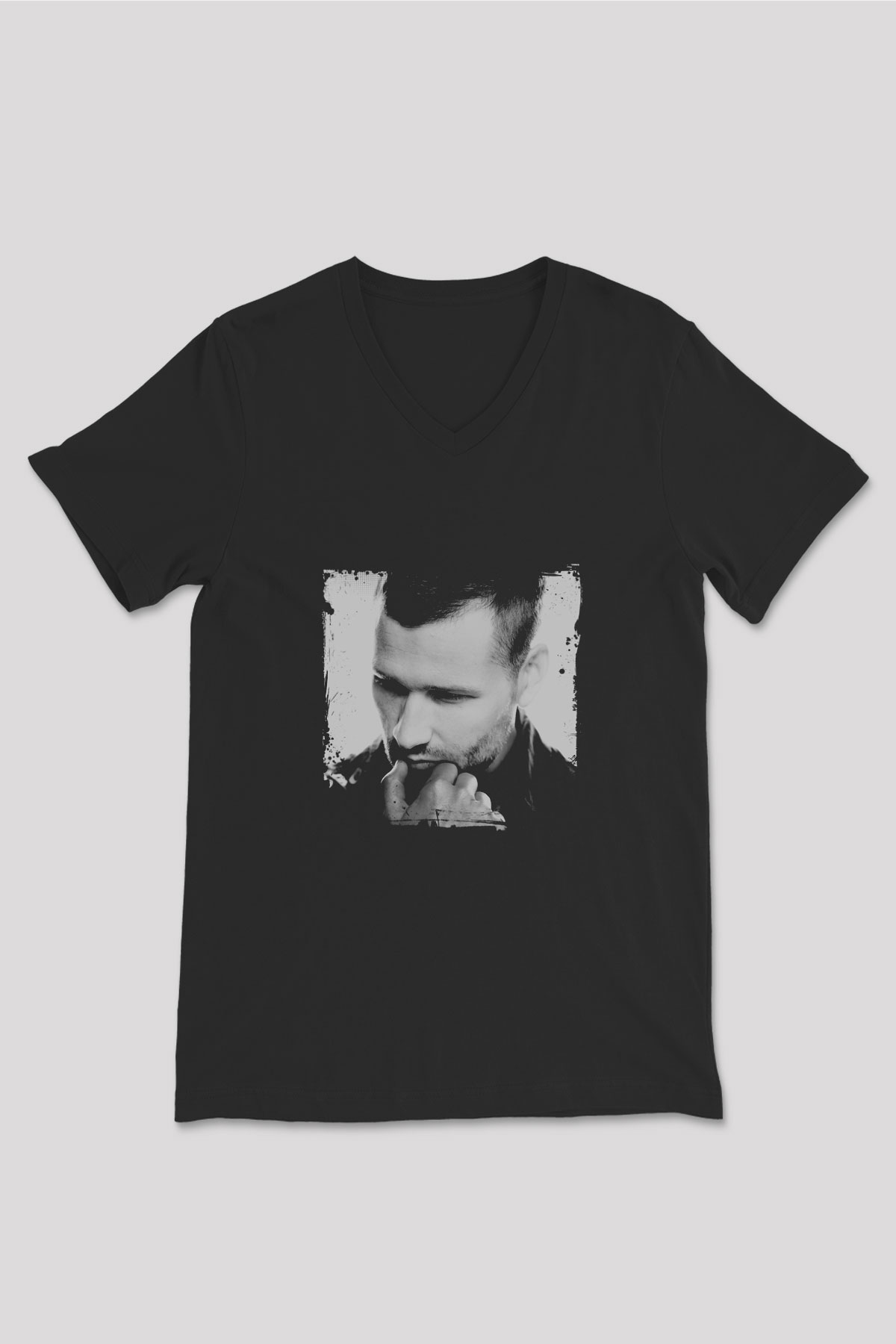 Kaskade Baskılı Unisex Siyah V Yaka Tişört