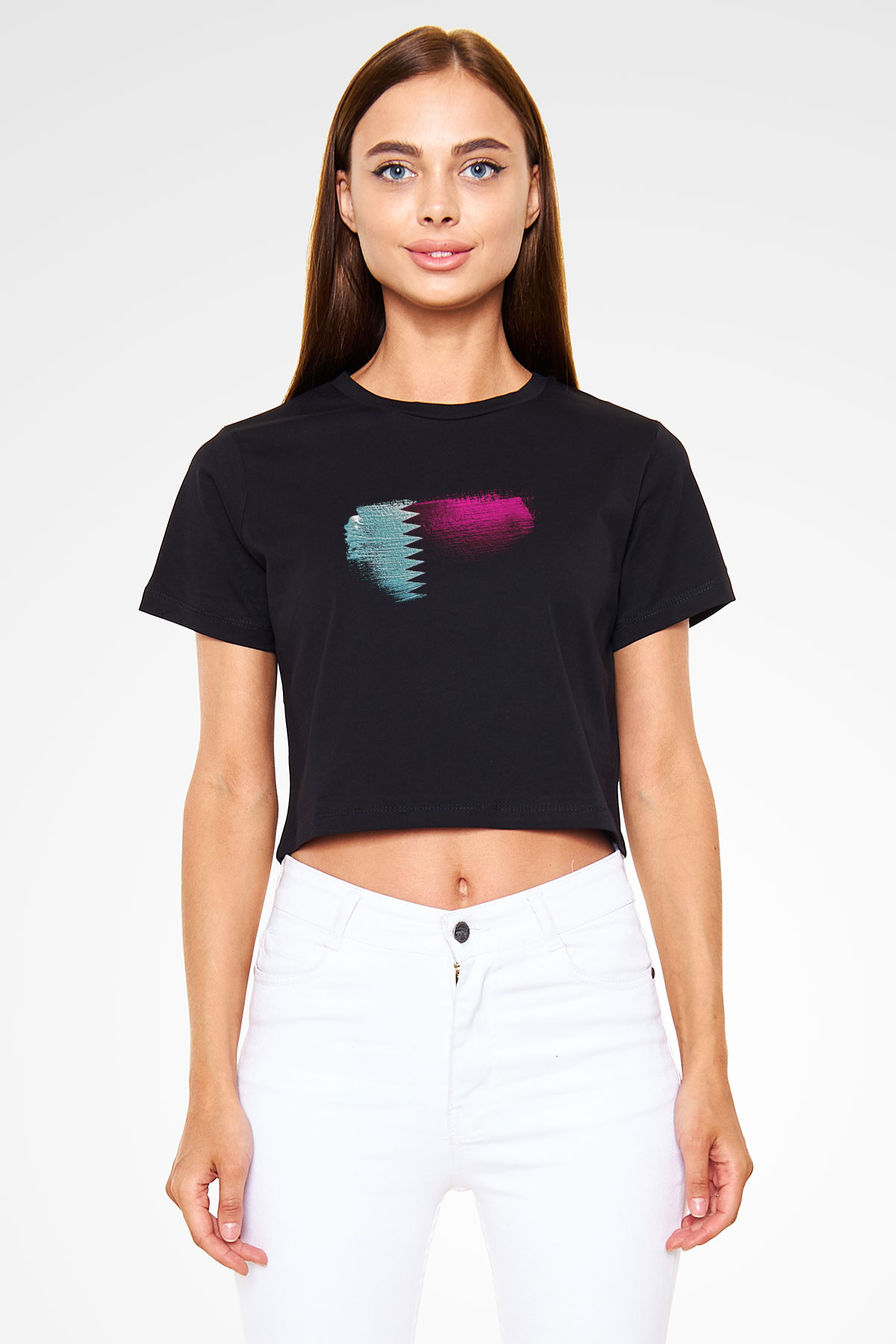 Katar - Qatar Bayrağı Baskılı Kadın Crop Top Siyah Tişört