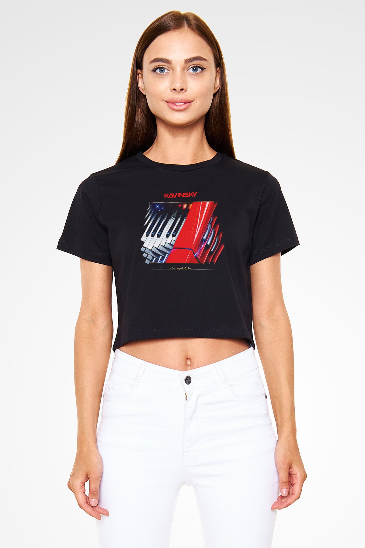 Kavinsky Baskılı Siyah Crop Top Kadın Tişört - Tshirt
