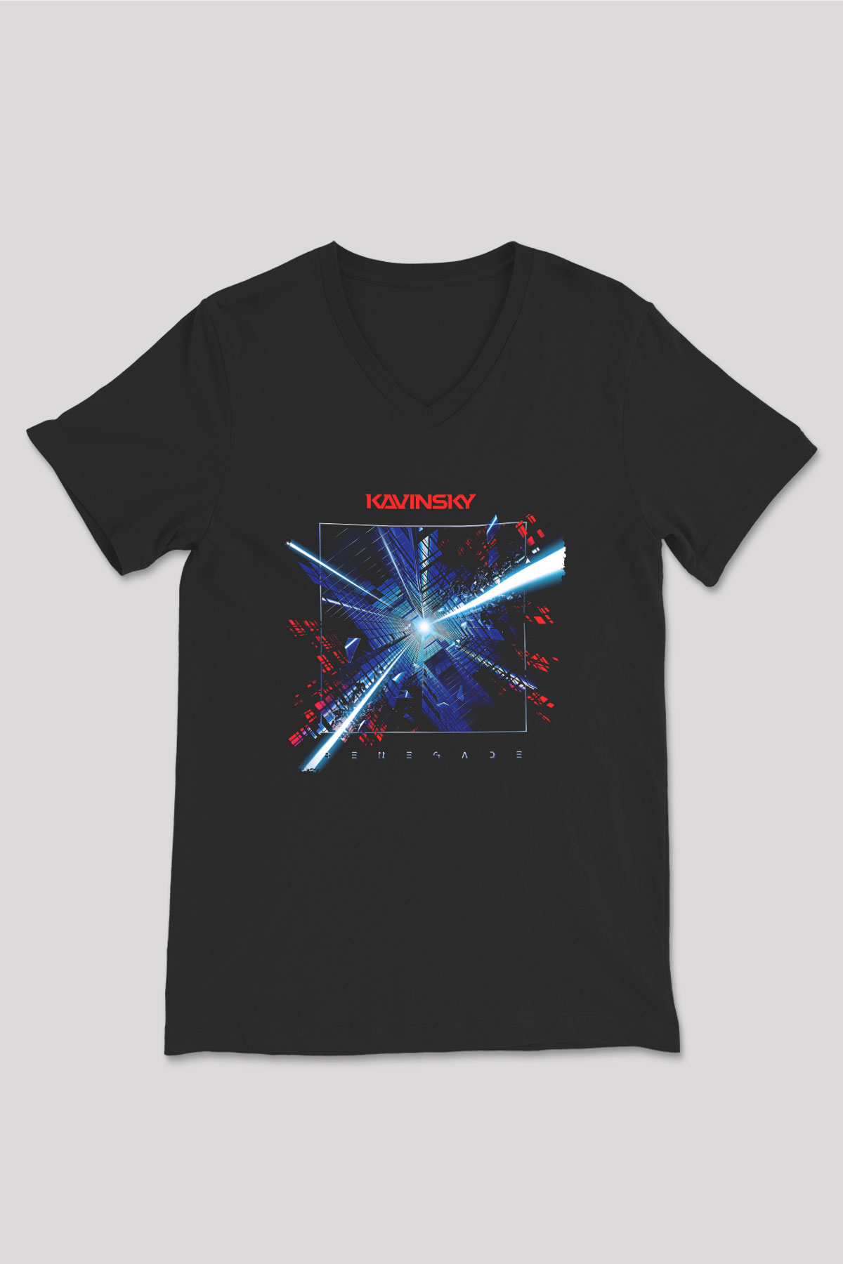 Kavinsky Baskılı Unisex Siyah V Yaka Tişört - Tshirt