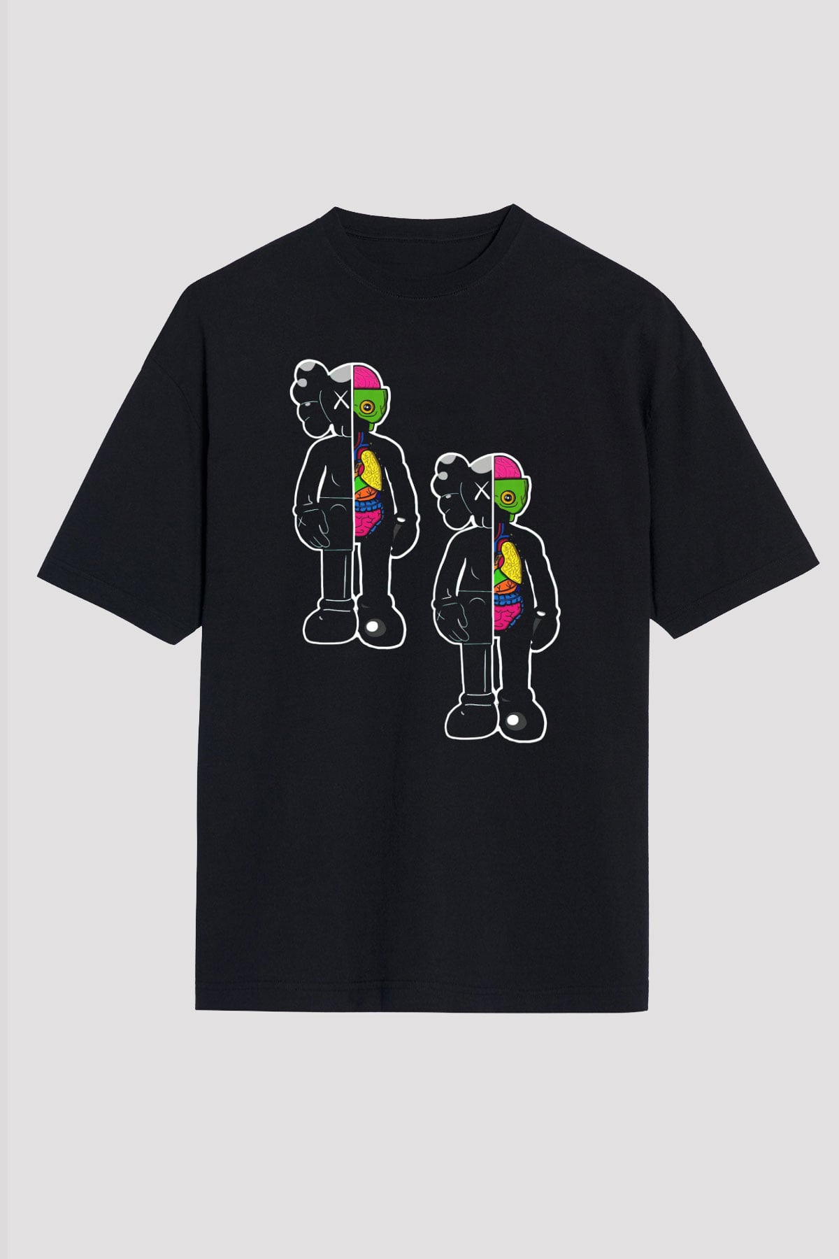 Kaws Temalı Baskılı Unisex Siyah Tişört