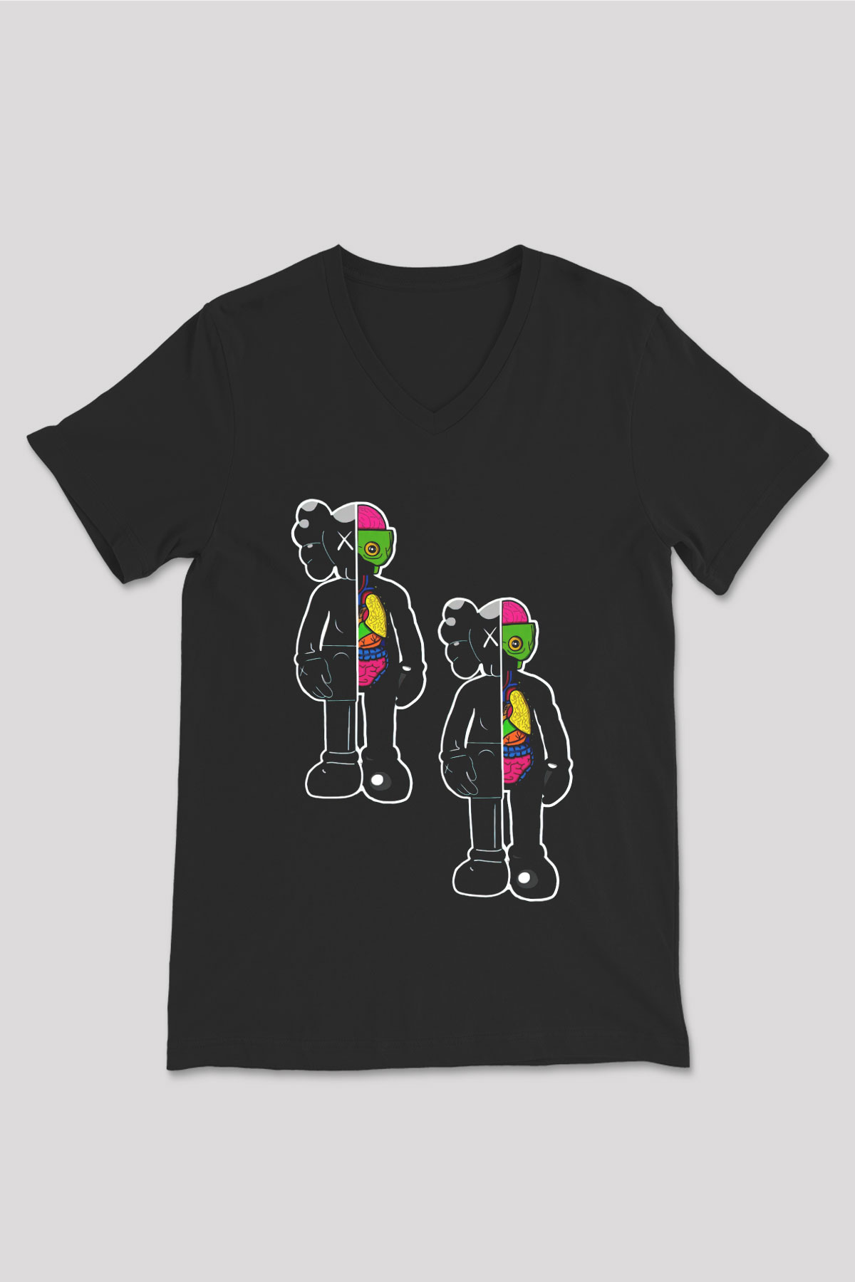 Kaws Temalı Baskılı Unisex Siyah  V Yaka Tişört