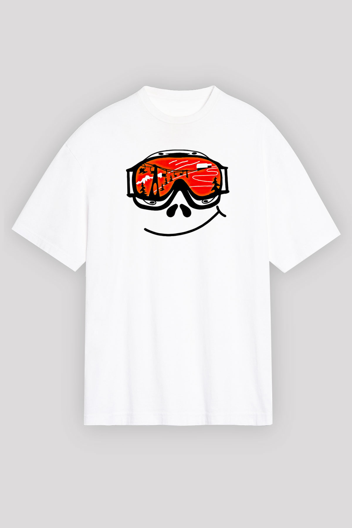 Kayak Baskılı Unisex Beyaz Oversize Tişört - Tshirt