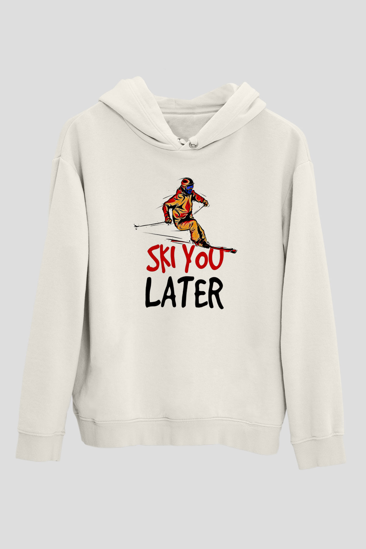 Kayak Baskılı Unisex Ekru Hoodie